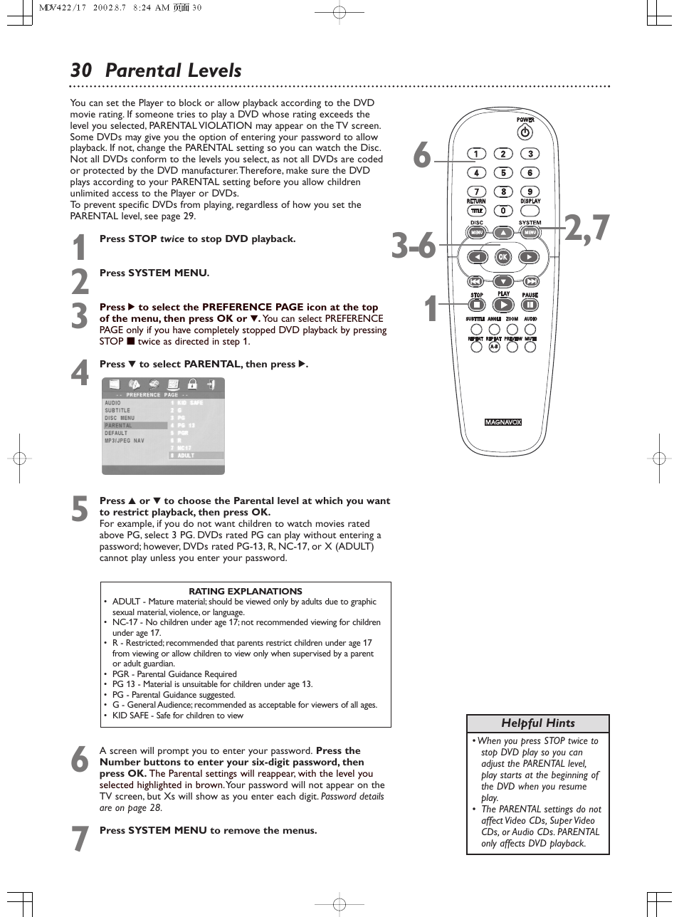 30 parental levels | Philips Magnavox MDV422 User Manual | Page 30 / 51