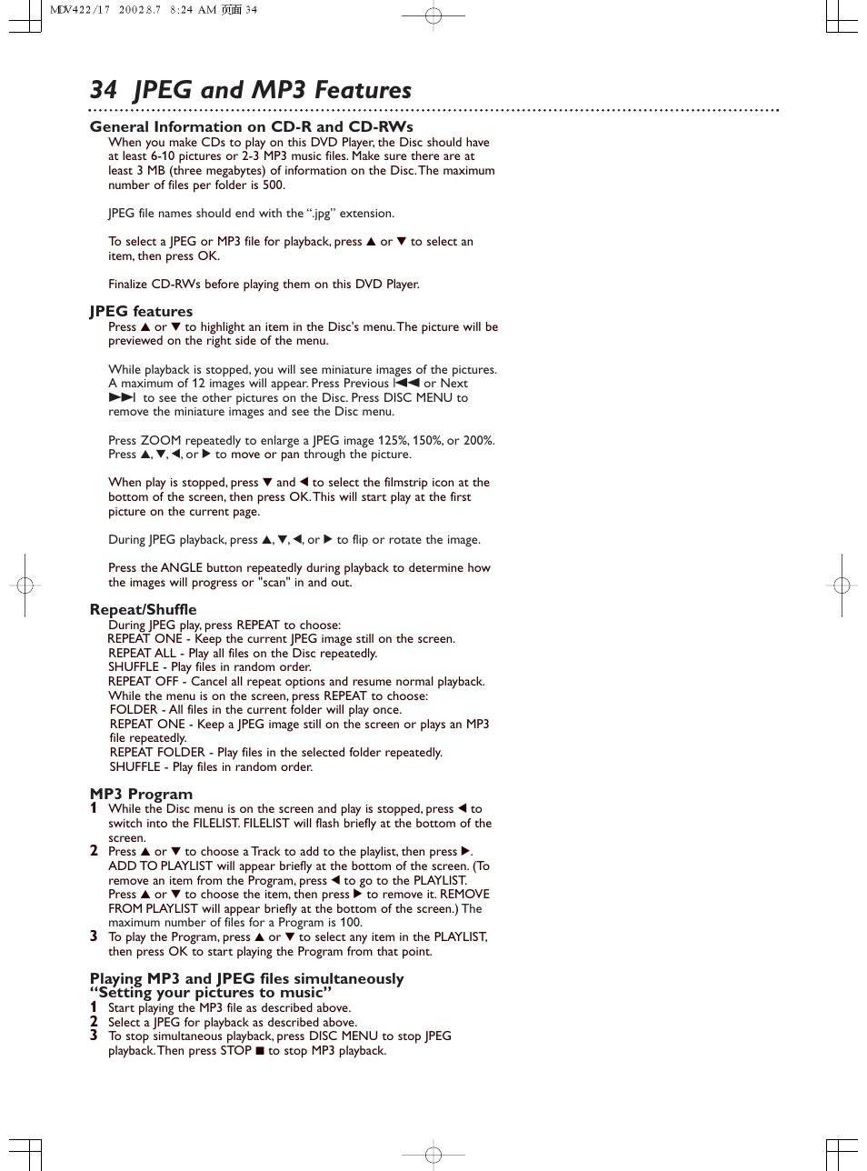 34 jpeg and mp3 features | Philips Magnavox MDV422 User Manual | Page 34 / 51