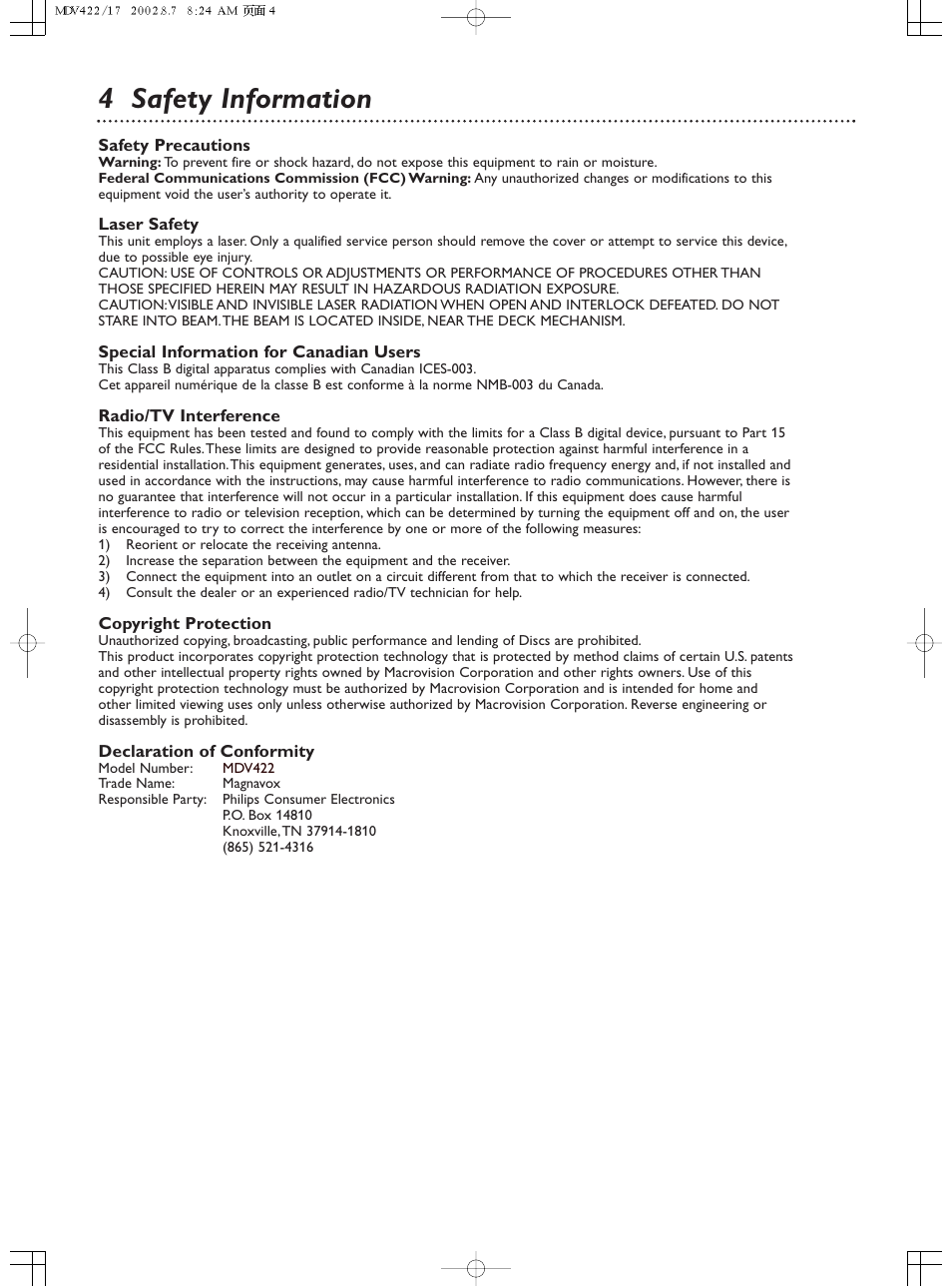 4 safety information | Philips Magnavox MDV422 User Manual | Page 4 / 51