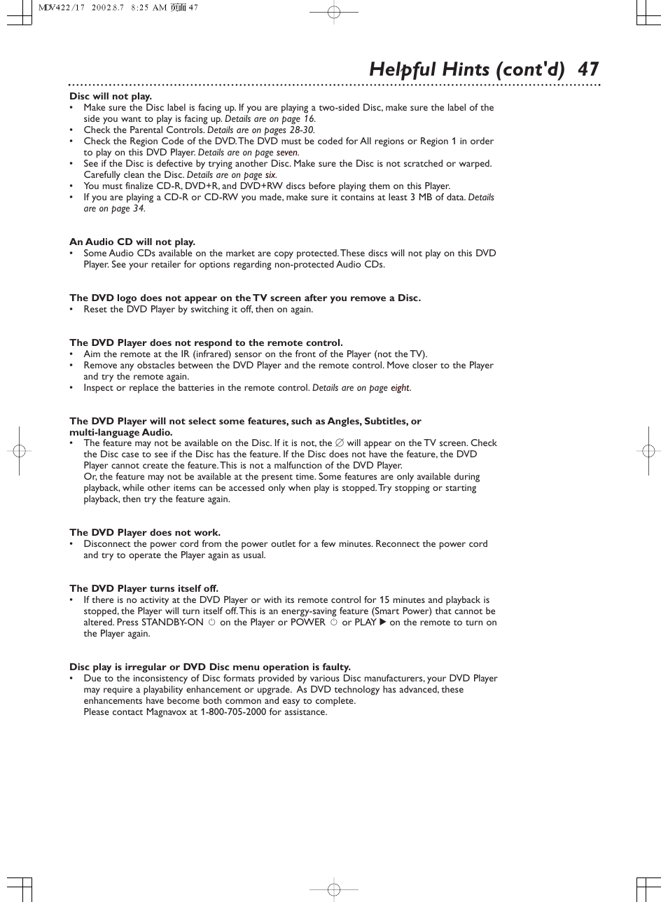 Helpful hints (cont'd) 47 | Philips Magnavox MDV422 User Manual | Page 47 / 51