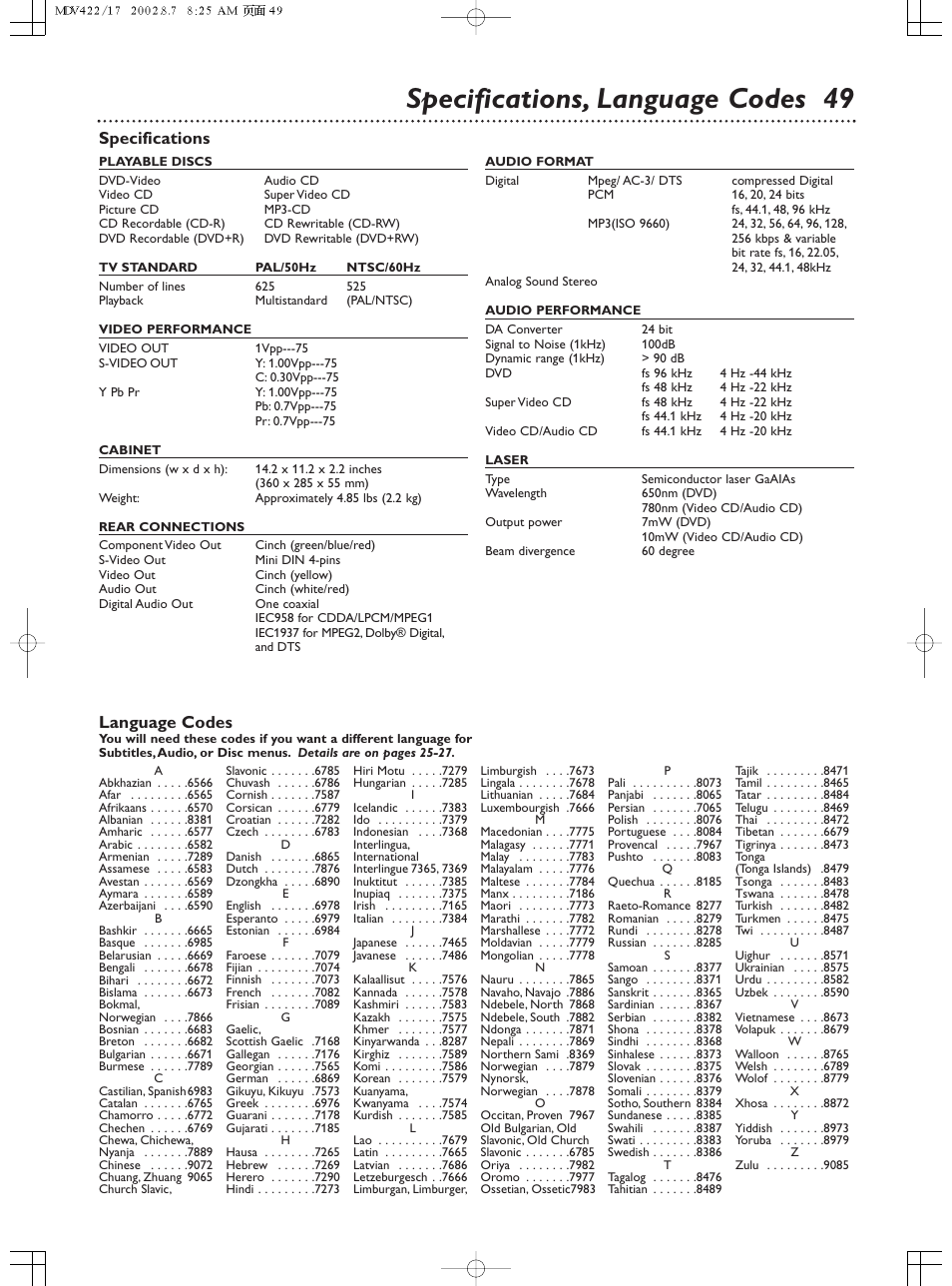 Specifications, language codes 49, Specifications language codes | Philips Magnavox MDV422 User Manual | Page 49 / 51