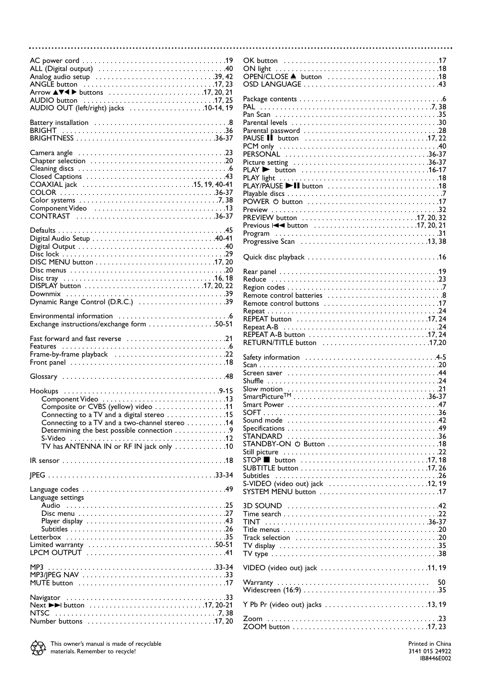 52 information index | Philips Magnavox MDV422 User Manual | Page 51 / 51