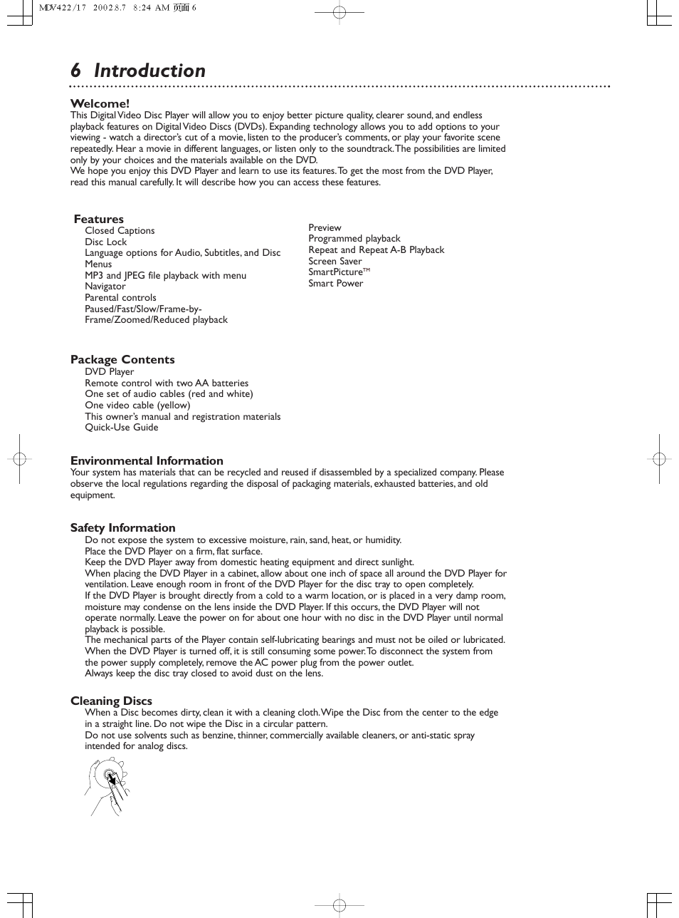 6 introduction, Welcome, Package contents | Environmental information, Safety information, Cleaning discs, Features | Philips Magnavox MDV422 User Manual | Page 6 / 51
