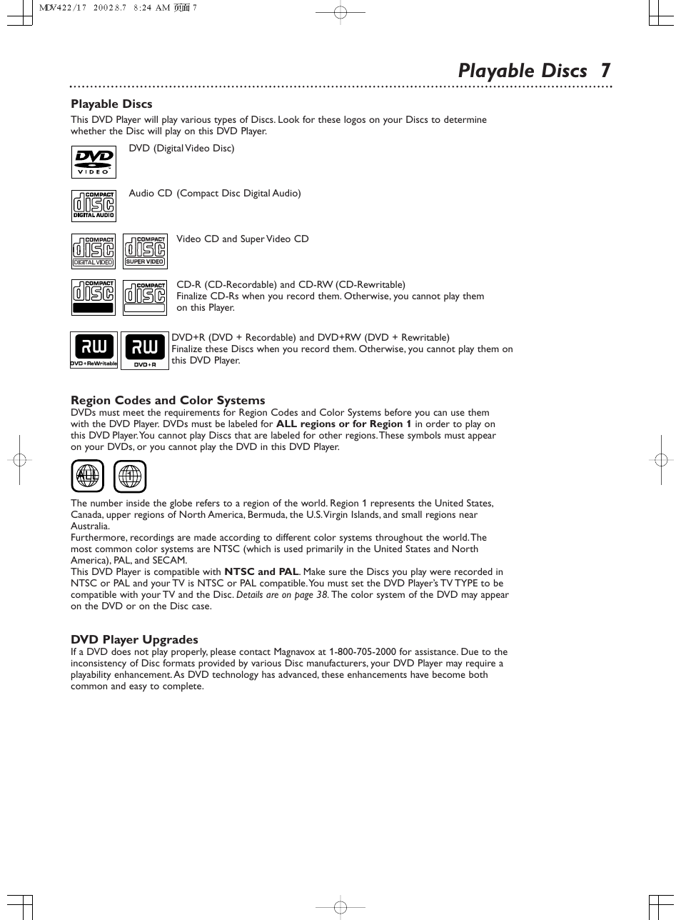 Playable discs 7 | Philips Magnavox MDV422 User Manual | Page 7 / 51