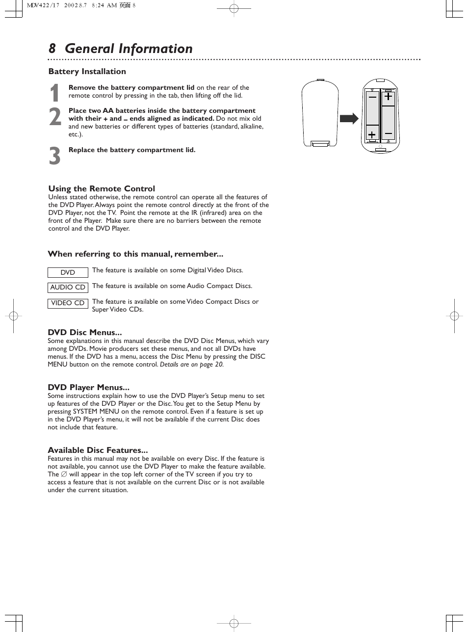 8 general information | Philips Magnavox MDV422 User Manual | Page 8 / 51