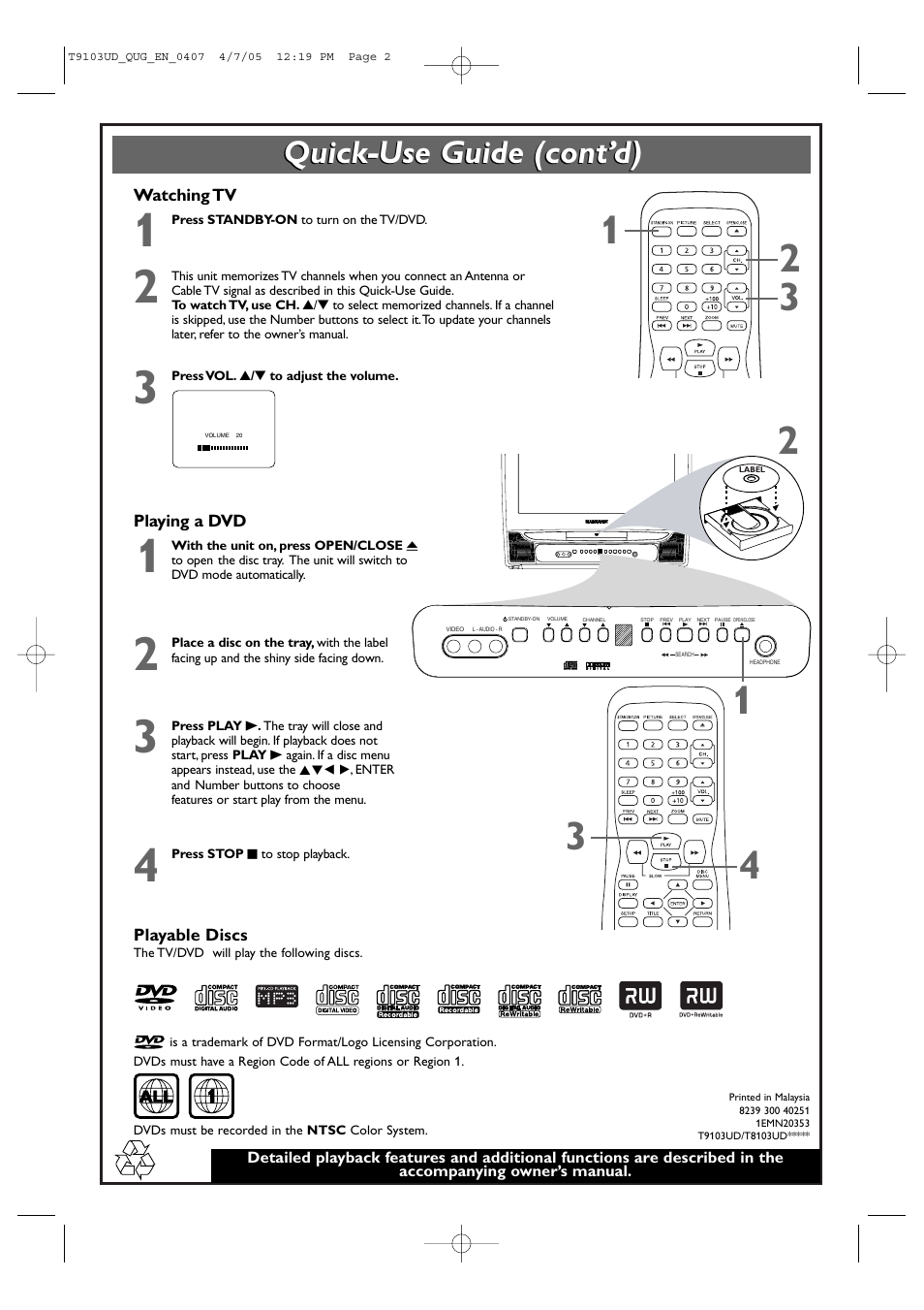 Quick-use guide (cont’d) | Philips Magnavox 13MDTD20 User Manual | Page 2 / 4