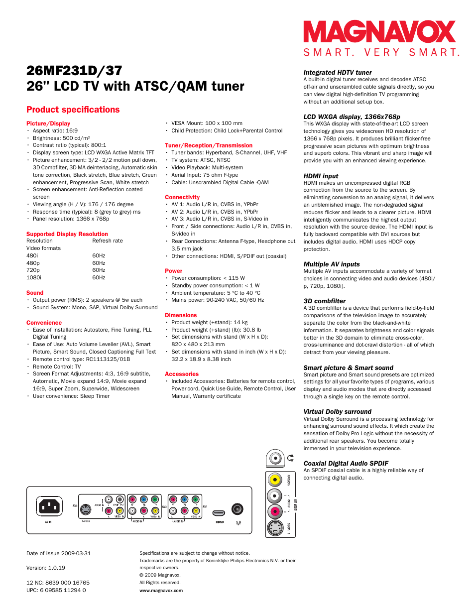 26" lcd tv with atsc/qam tuner, Product specifications | Philips Magnavox 26MF231D User Manual | Page 2 / 2