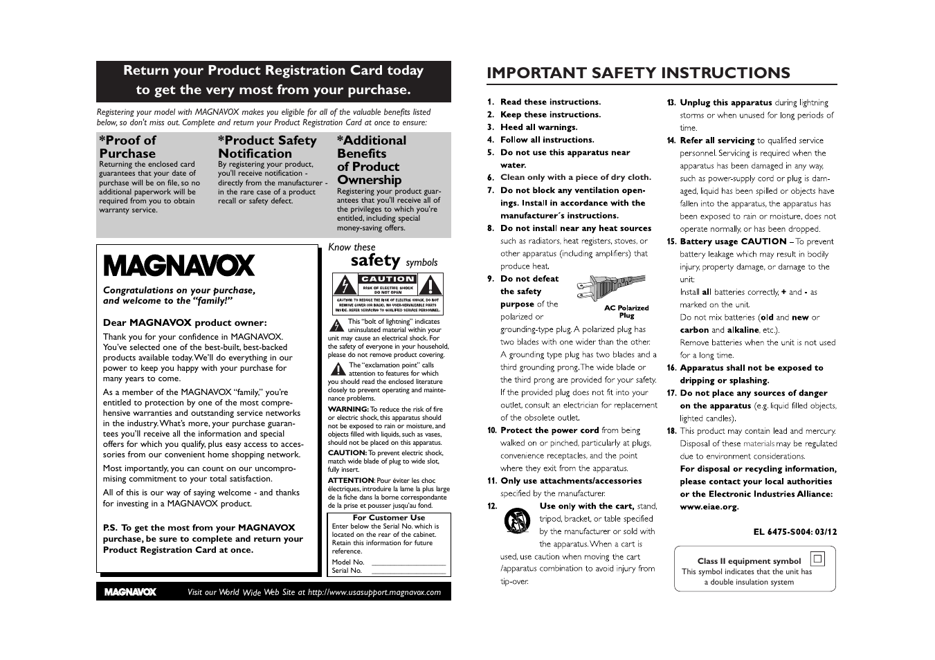 Safety, Important safety instructions, Proof of purchase | Product safety notification, Additional benefits of product ownership | Philips Magnavox CD Soundmachine MCS225 User Manual | Page 2 / 8