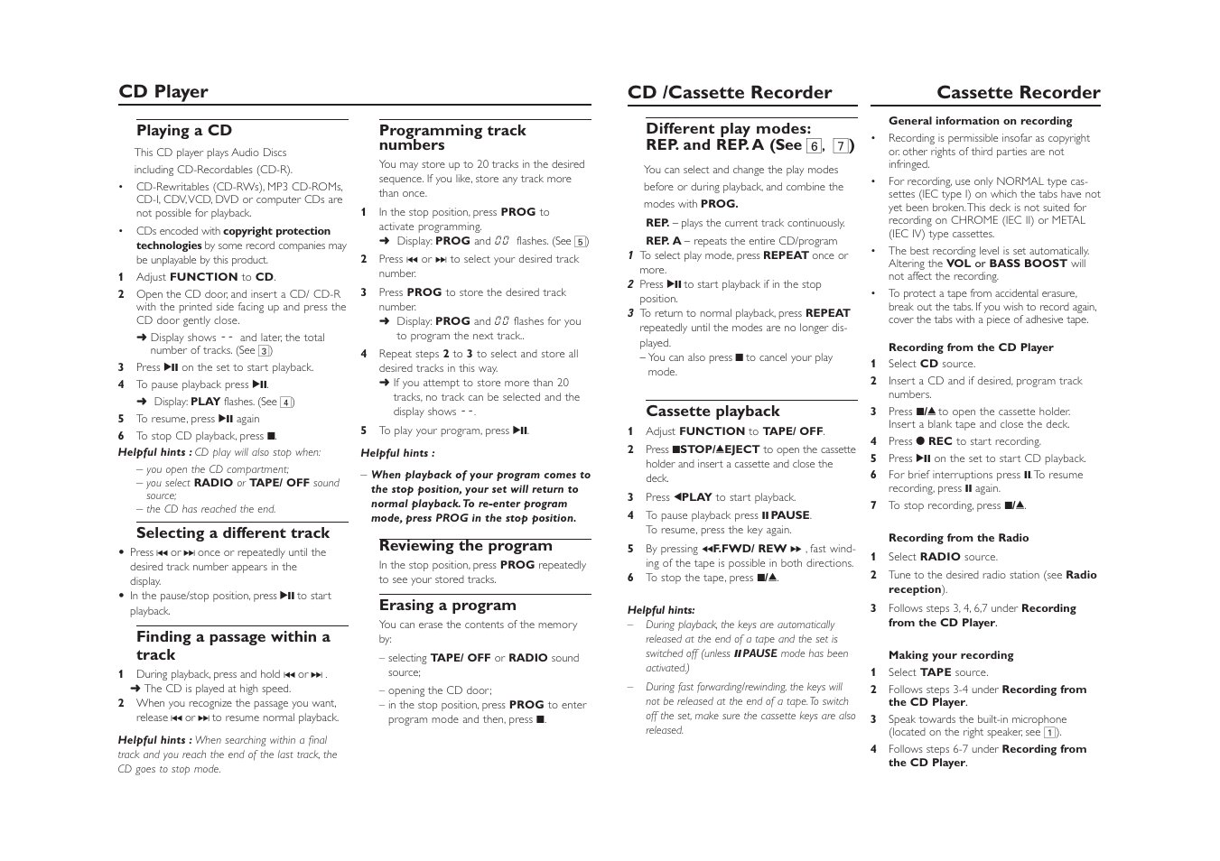 Cd player cd /cassette recorder cassette recorder | Philips Magnavox CD Soundmachine MCS225 User Manual | Page 6 / 8