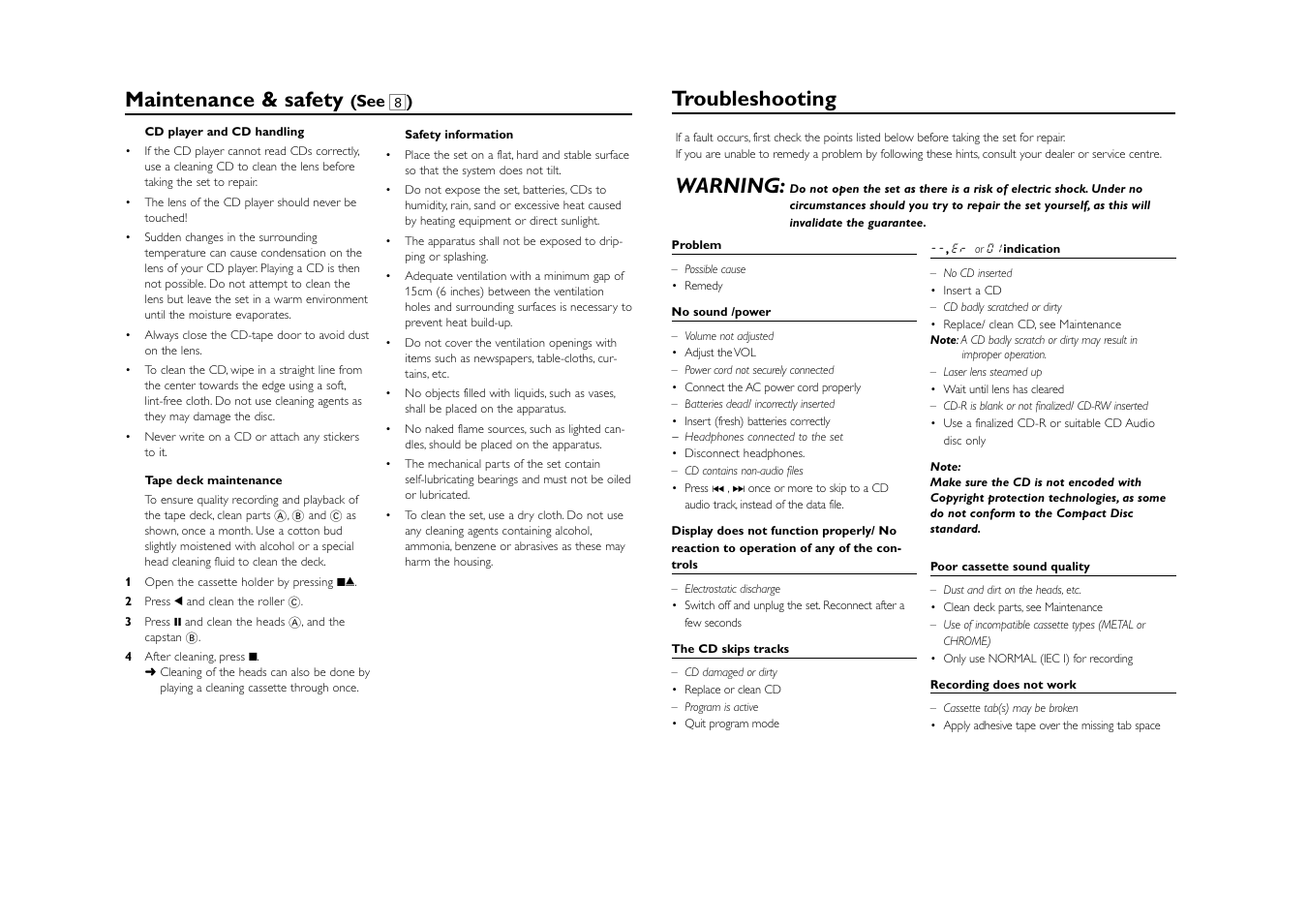 Maintenance & safety, Troubleshooting, Warning | Philips Magnavox CD Soundmachine MCS225 User Manual | Page 7 / 8