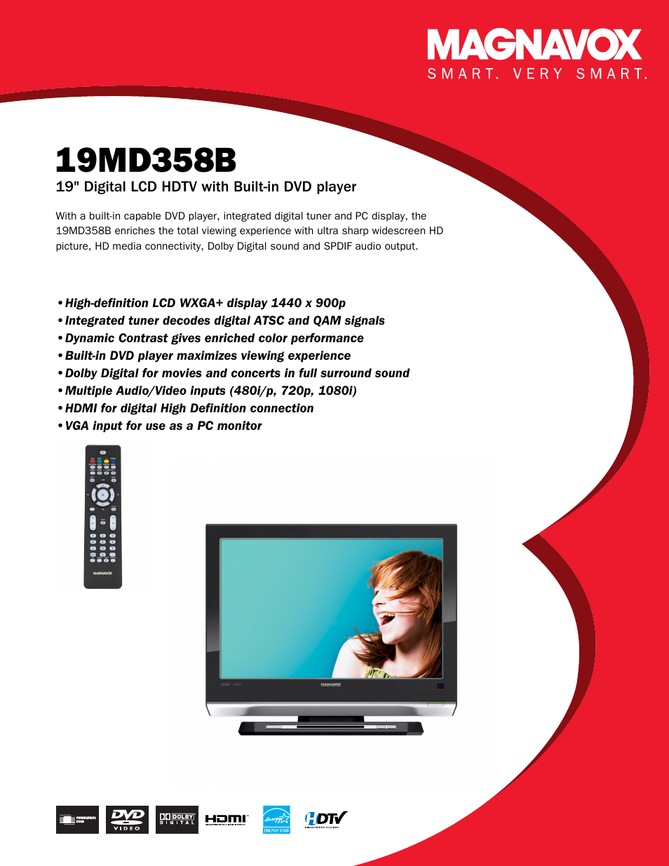 Philips Magnavox 19" Digital LCD HDTV with Built-in DVD Player 19MD358B User Manual | 3 pages