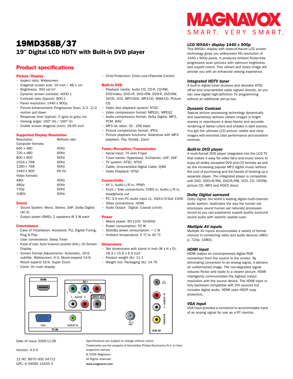 19" digital lcd hdtv with built-in dvd player, Product specifications | Philips Magnavox 19" Digital LCD HDTV with Built-in DVD Player 19MD358B User Manual | Page 2 / 3