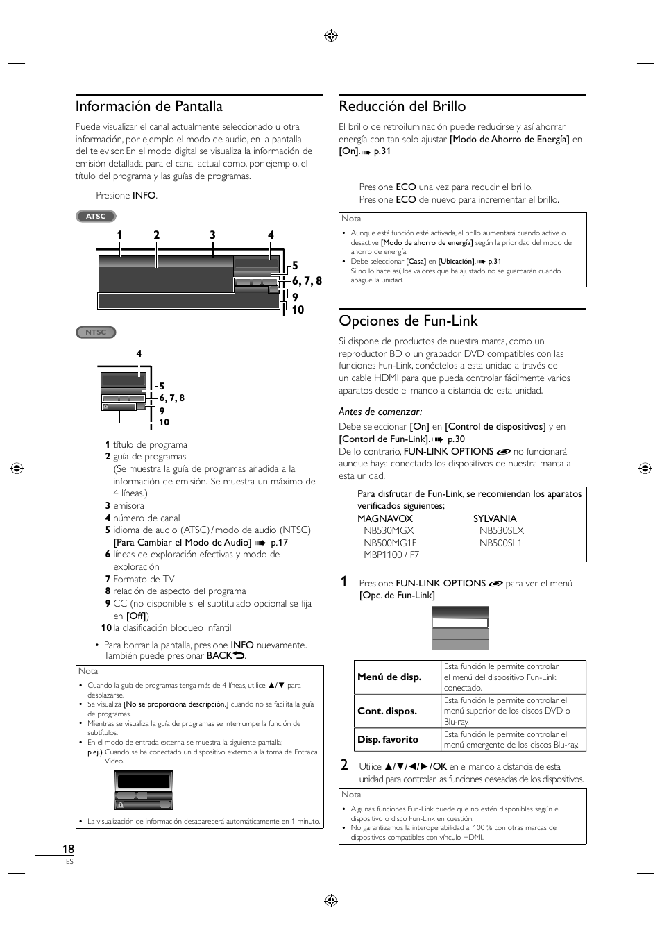 Información de pantalla, Reducción del brillo, Opciones de fun-link | Antes de comenzar | Philips Magnavox 19MF330B User Manual | Page 101 / 121