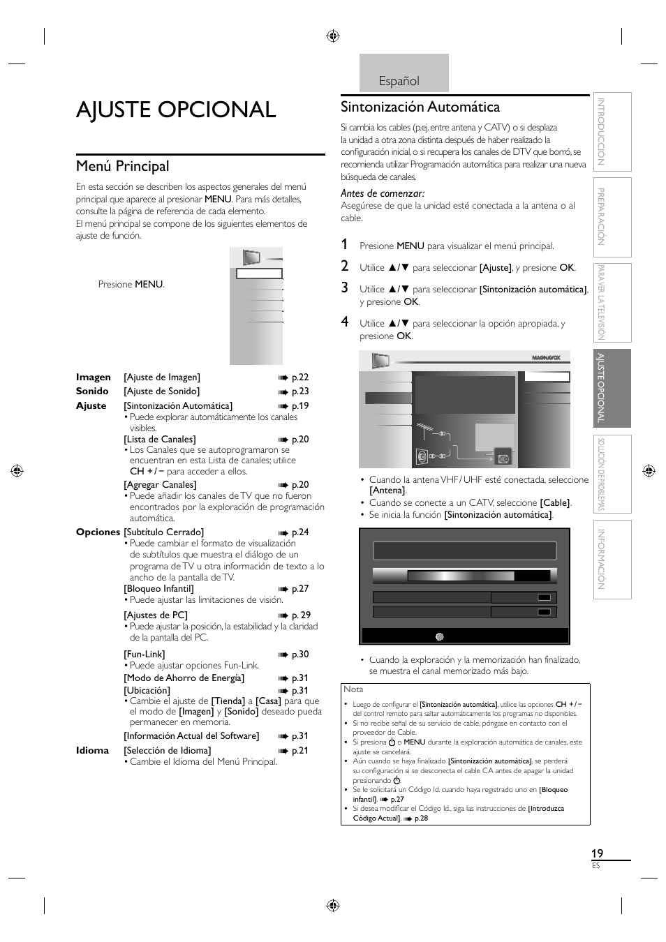 Ajuste opcional, Menú principal, Sintonización automática | Español | Philips Magnavox 19MF330B User Manual | Page 102 / 121