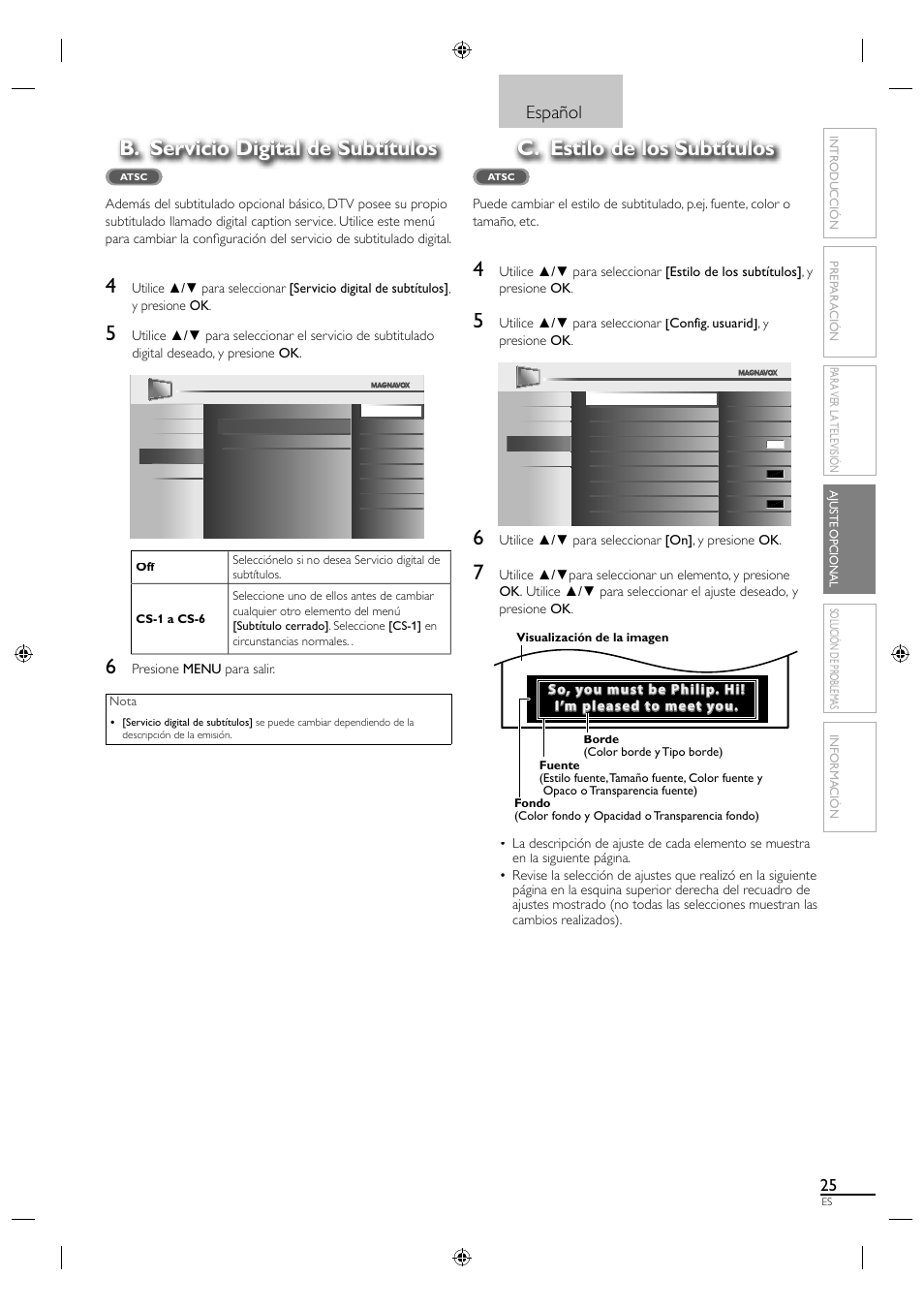 B. servicio digital de subtítulos, C. estilo de los subtítulos, Español | Philips Magnavox 19MF330B User Manual | Page 108 / 121