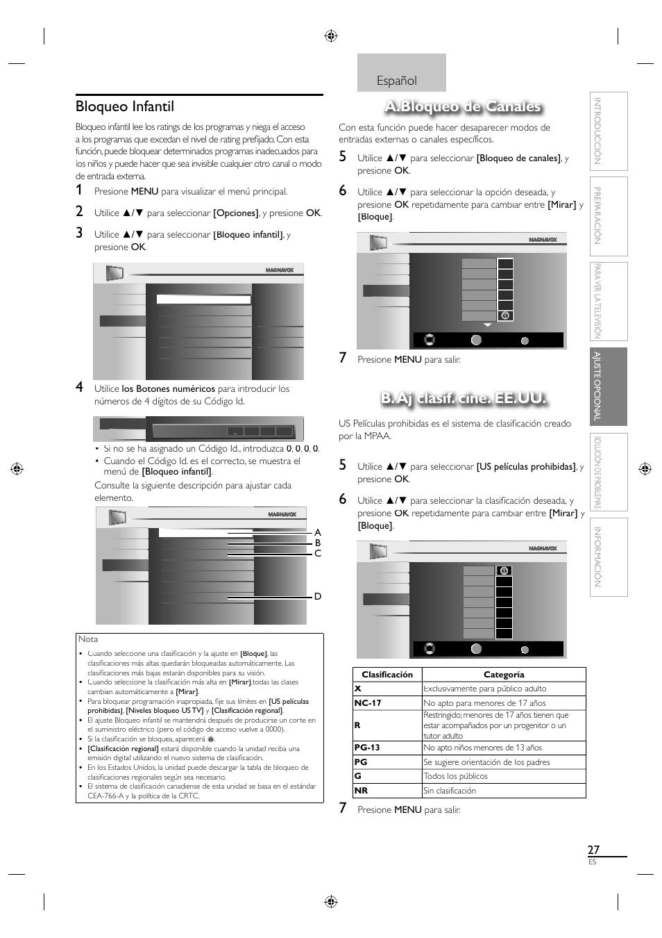 Bloqueo infantil, A.bloqueo de canales, B. aj clasif. cine. ee.uu | Español | Philips Magnavox 19MF330B User Manual | Page 110 / 121