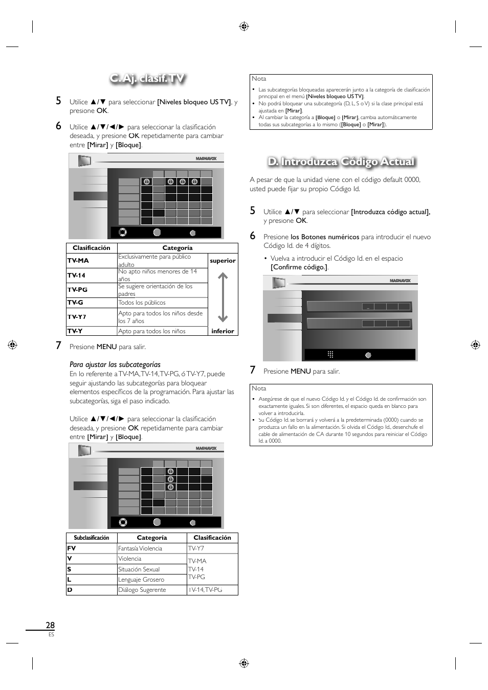 C. aj. clasif. tv, C. aj. clasif. tv 5, D. introduzca código actual | Para ajustar las subcategorías | Philips Magnavox 19MF330B User Manual | Page 111 / 121