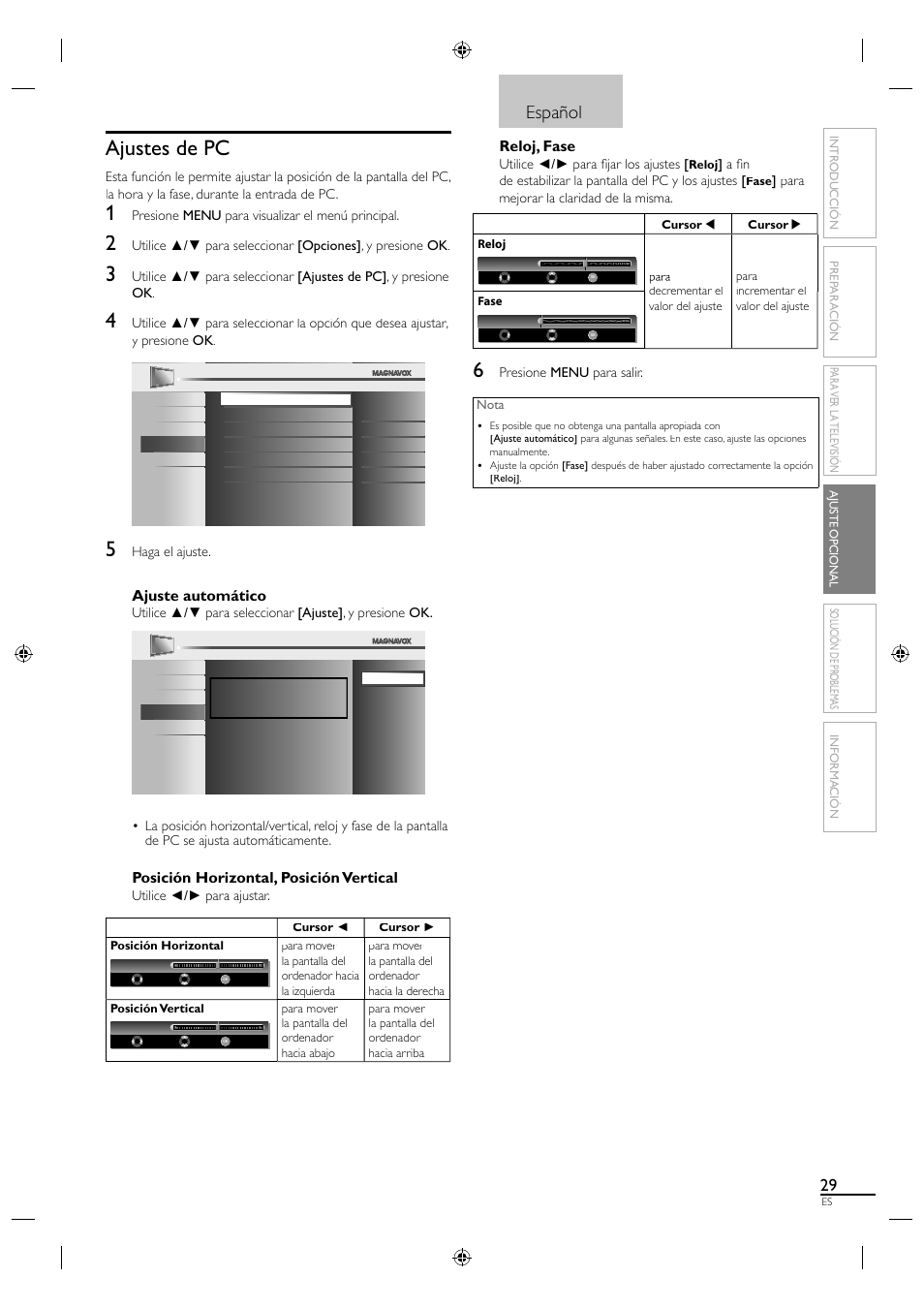 Ajustes de pc, Español, Ajuste automático | Posición horizontal, posición vertical, Reloj, fase | Philips Magnavox 19MF330B User Manual | Page 112 / 121