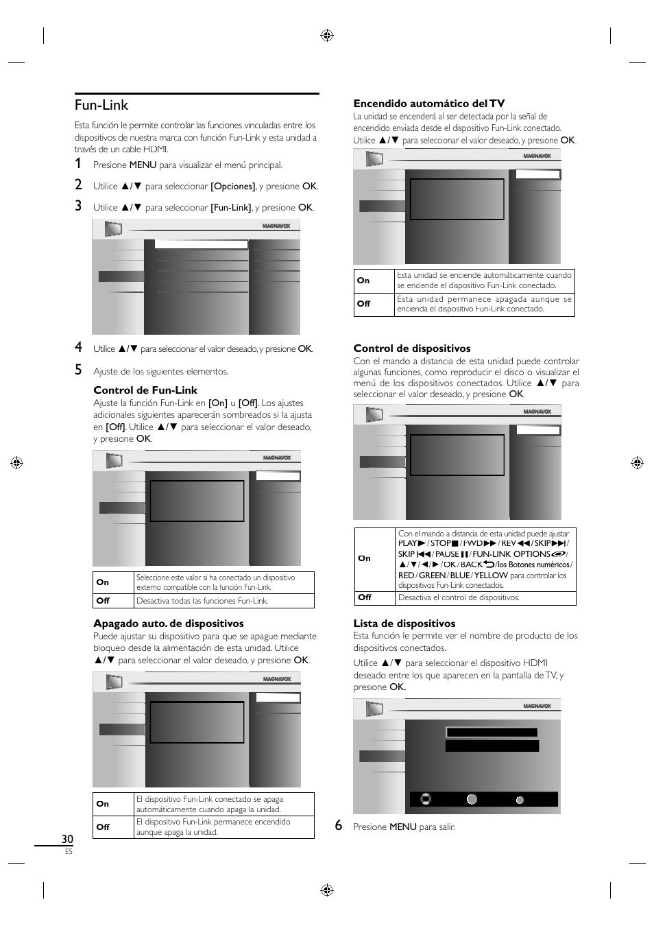 Fun-link, Control de fun-link, Apagado auto. de dispositivos | Encendido automático del tv, Control de dispositivos, Lista de dispositivos | Philips Magnavox 19MF330B User Manual | Page 113 / 121