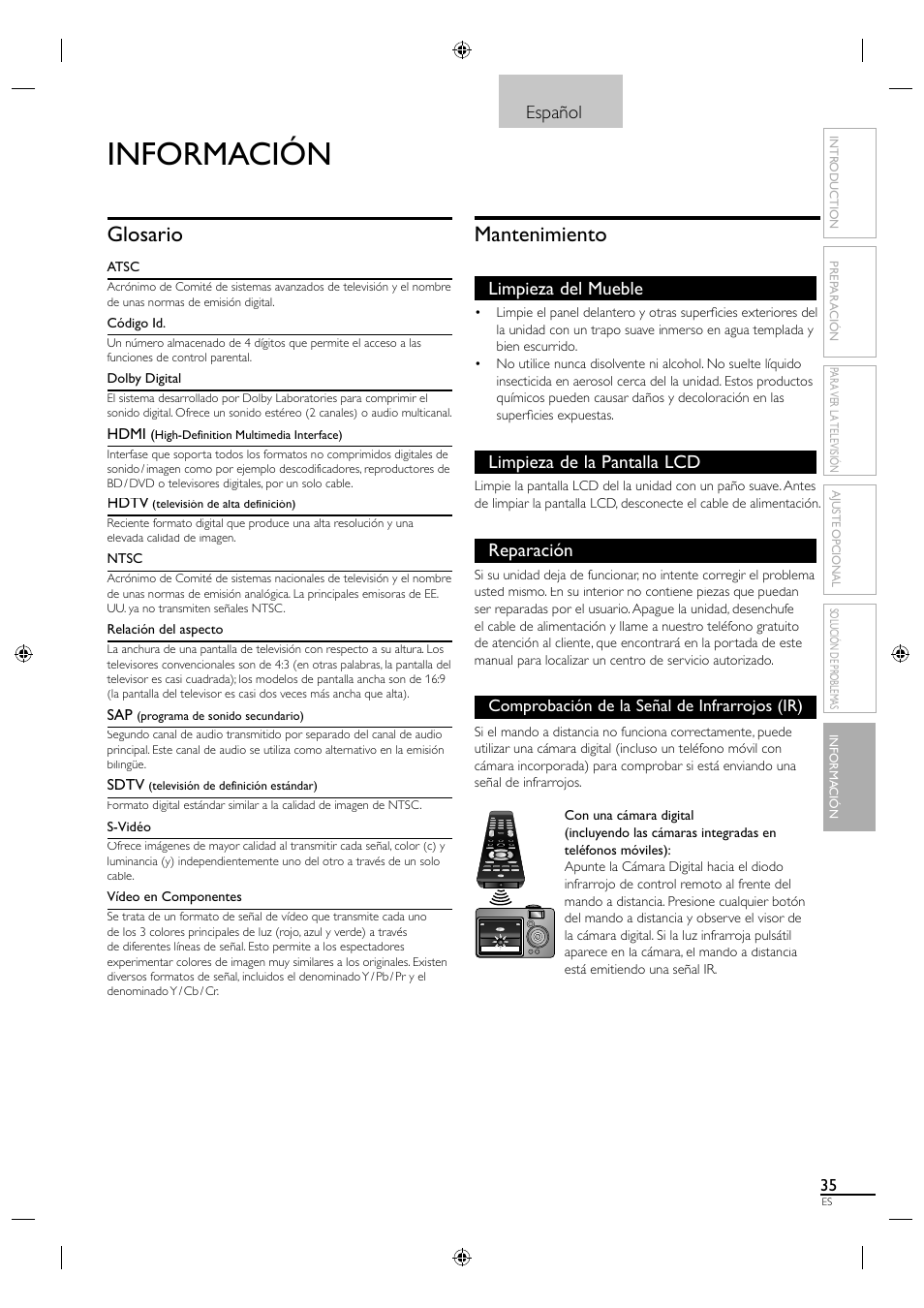 Información, Glosario, Mantenimiento | Español, Limpieza del mueble, Limpieza de la pantalla lcd, Reparación | Philips Magnavox 19MF330B User Manual | Page 118 / 121