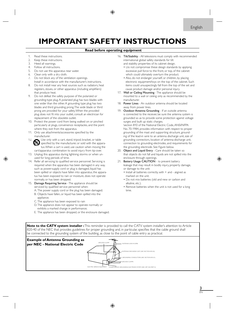 Important safety instructions, English | Philips Magnavox 19MF330B User Manual | Page 12 / 121