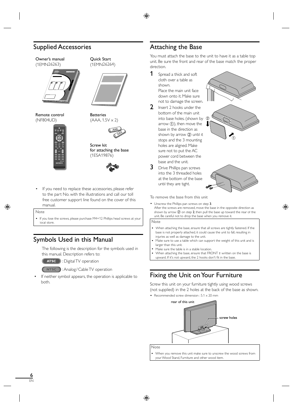 Attaching the base, Fixing the unit on your furniture, Supplied accessories | Symbols used in this manual | Philips Magnavox 19MF330B User Manual | Page 15 / 121