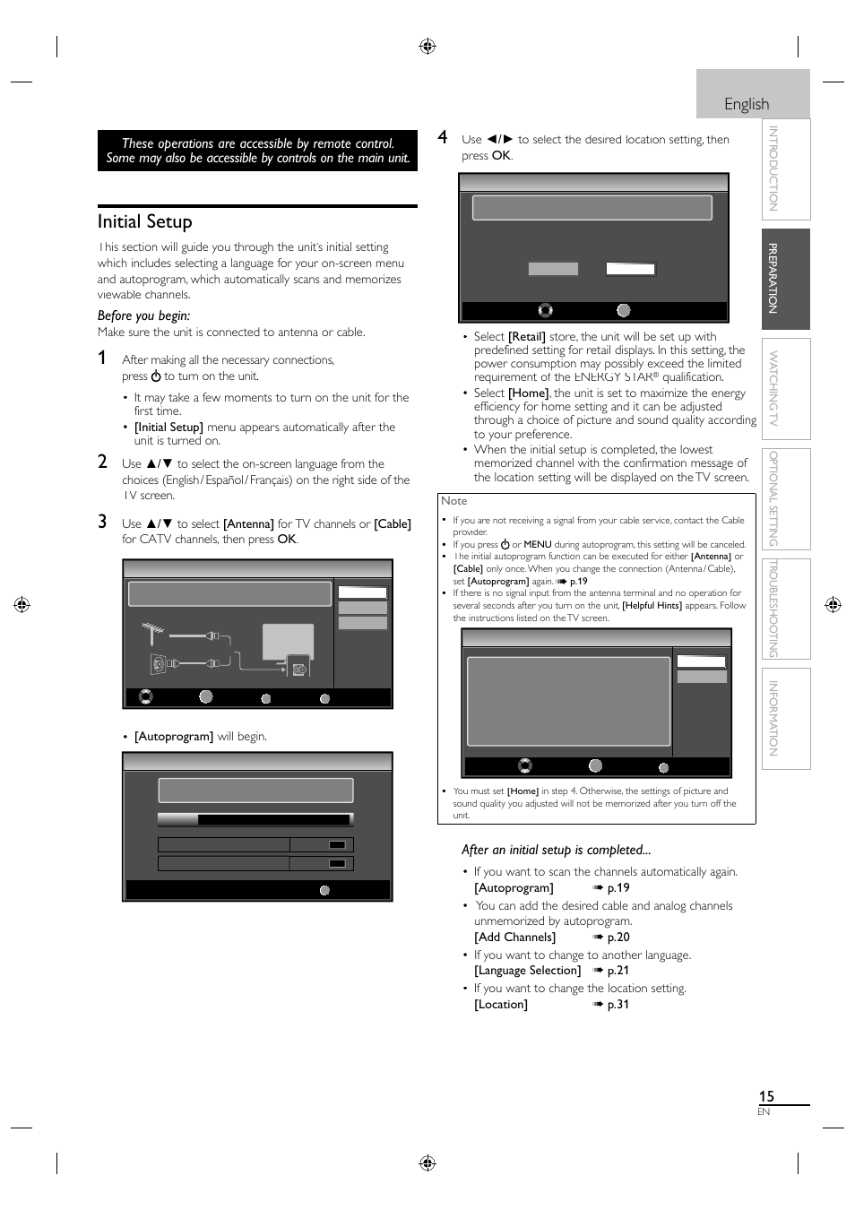 Initial setup, English, Before you begin | After an initial setup is completed | Philips Magnavox 19MF330B User Manual | Page 24 / 121