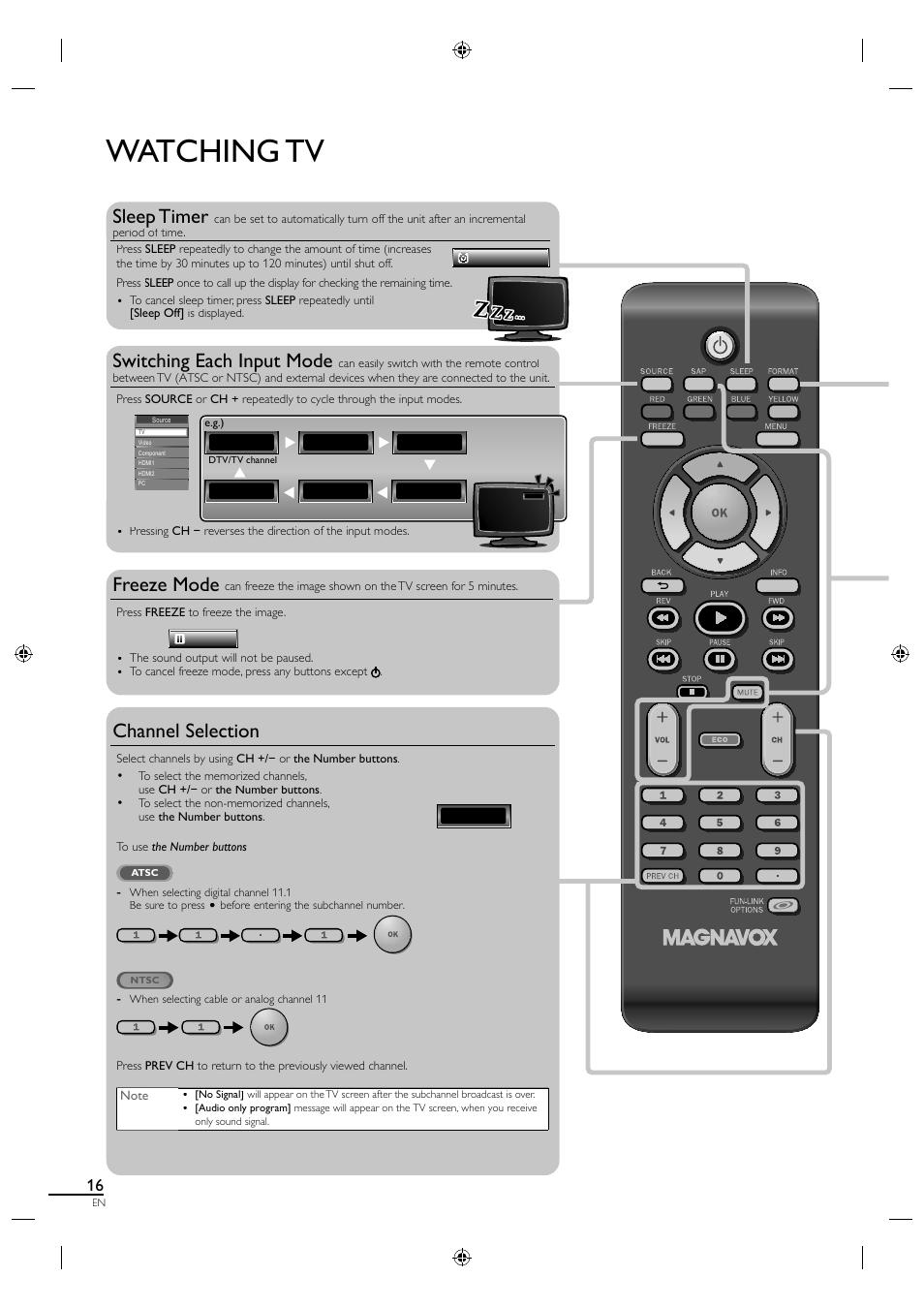 Watching tv, Sleep timer, Switching each input mode | Freeze mode, Channel selection | Philips Magnavox 19MF330B User Manual | Page 25 / 121