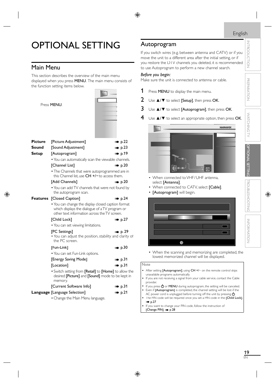 Optional setting, Main menu, Autoprogram | English | Philips Magnavox 19MF330B User Manual | Page 28 / 121