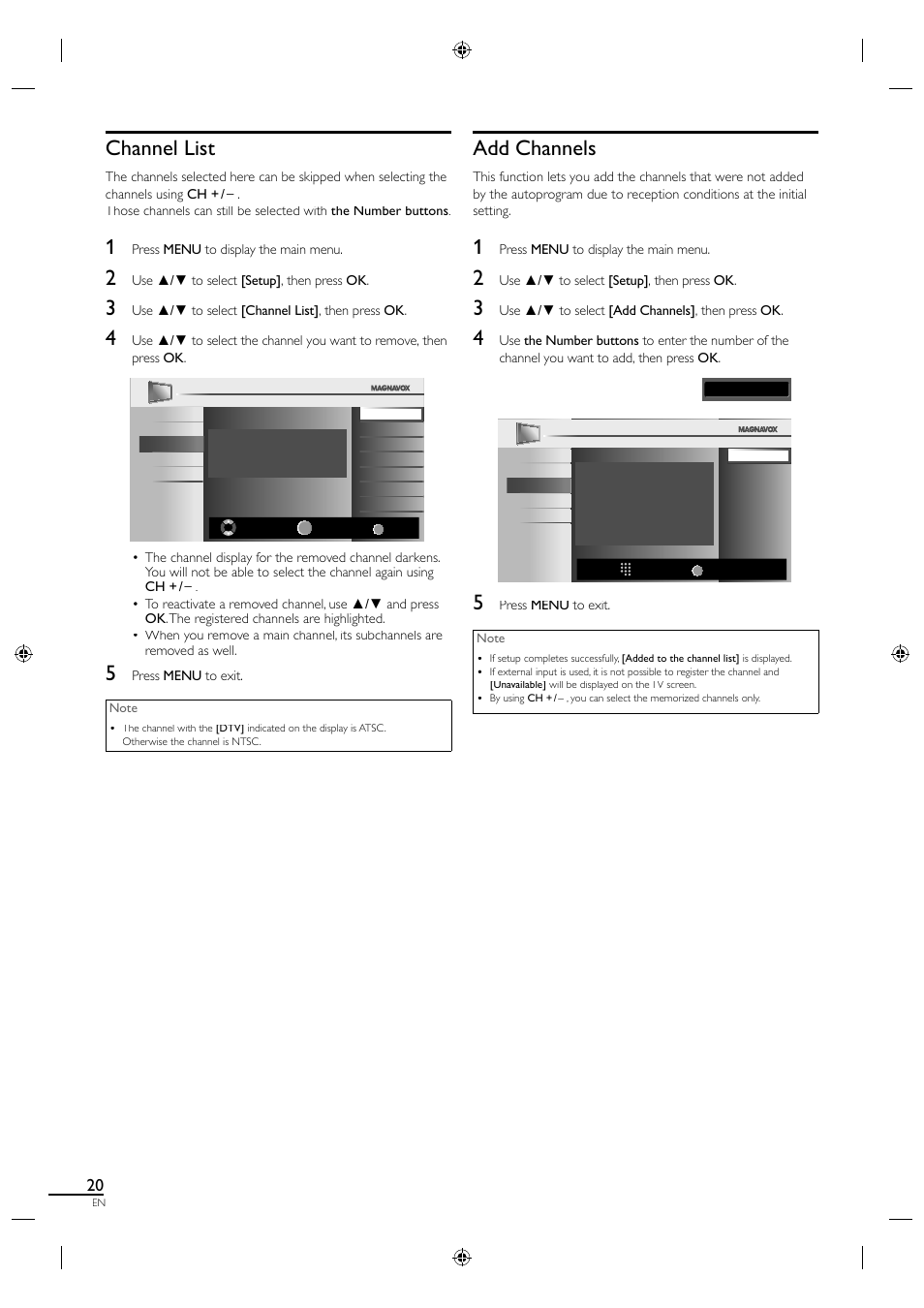 Channel list, Add channels | Philips Magnavox 19MF330B User Manual | Page 29 / 121