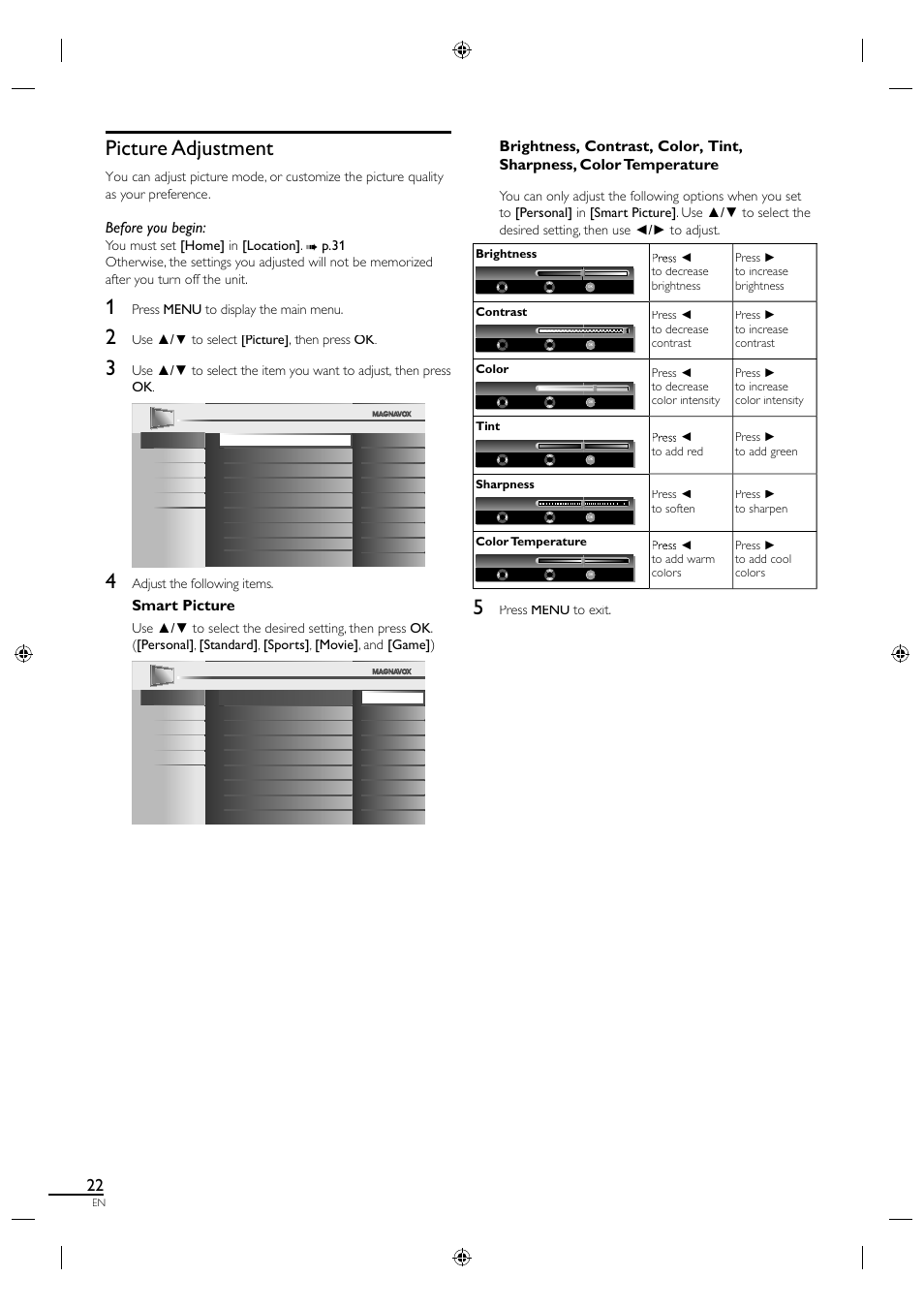 Picture adjustment, Before you begin, Smart picture | Philips Magnavox 19MF330B User Manual | Page 31 / 121