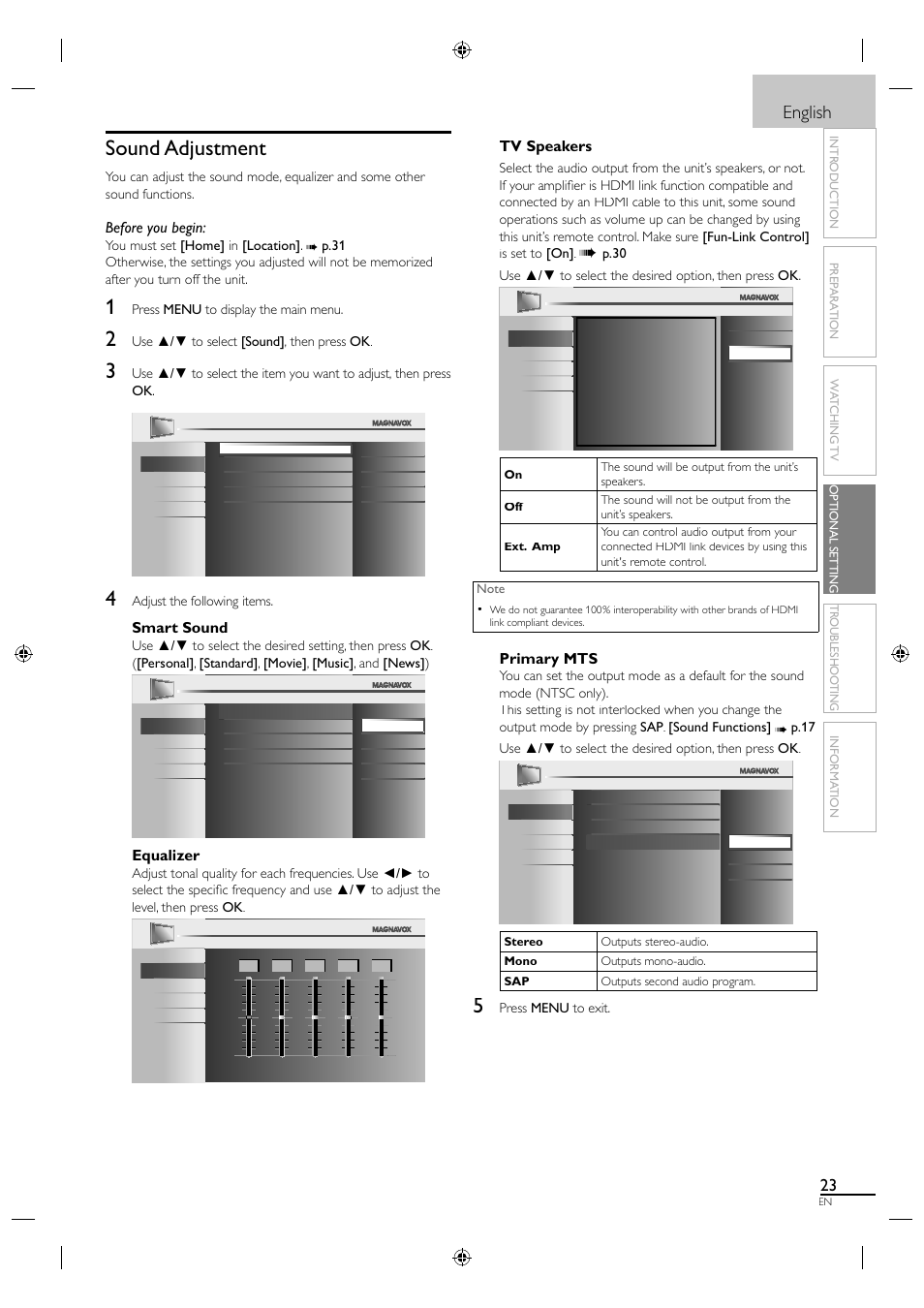 Sound adjustment, English, Before you begin | Smart sound, Equalizer, Tv speakers, Primary mts | Philips Magnavox 19MF330B User Manual | Page 32 / 121