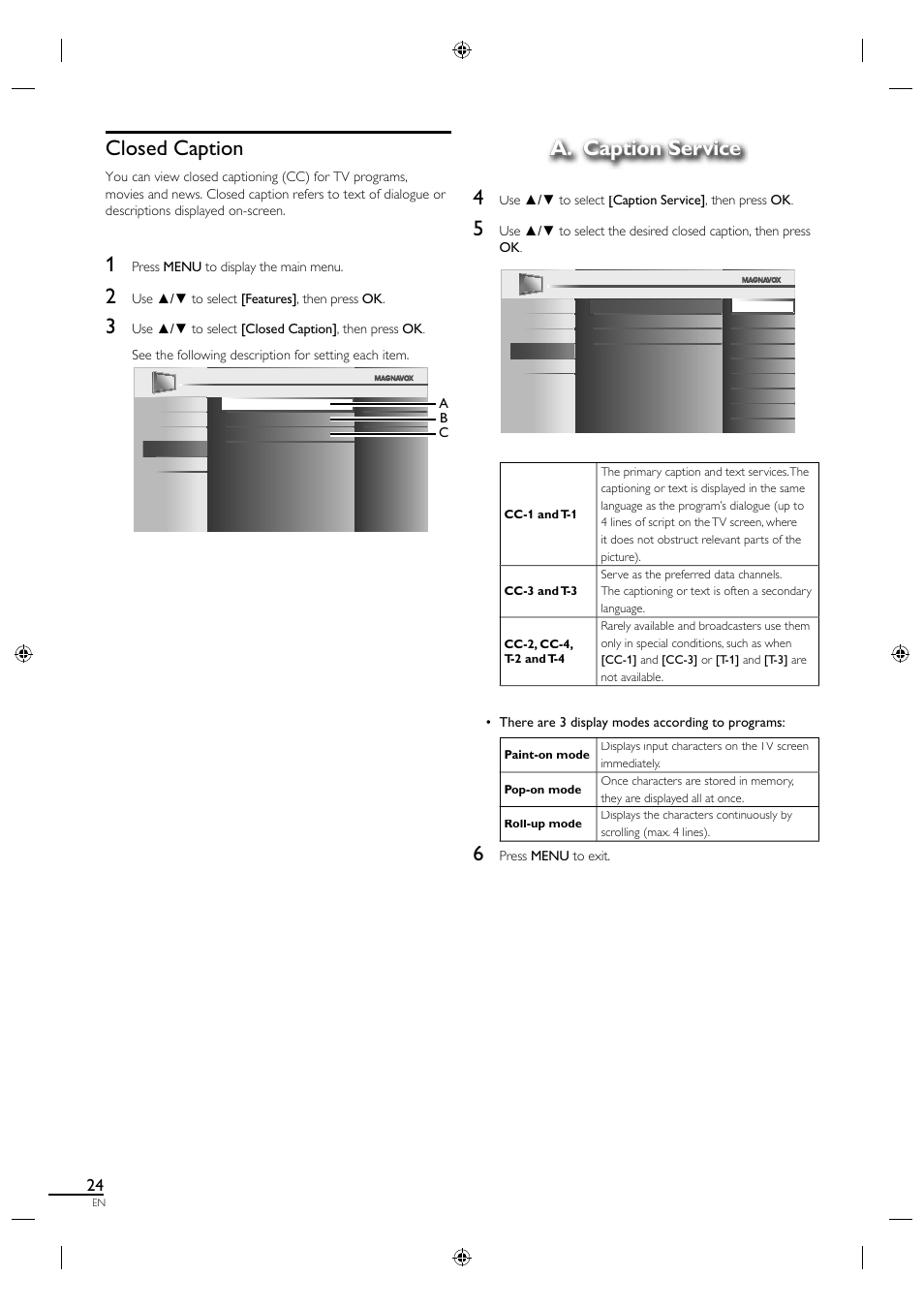 Closed caption, A. caption service, A. caption service 4 | Philips Magnavox 19MF330B User Manual | Page 33 / 121