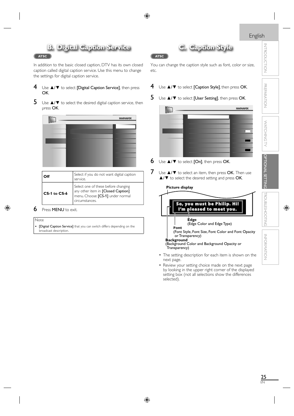 B. digital caption service, C. caption style, English | Philips Magnavox 19MF330B User Manual | Page 34 / 121