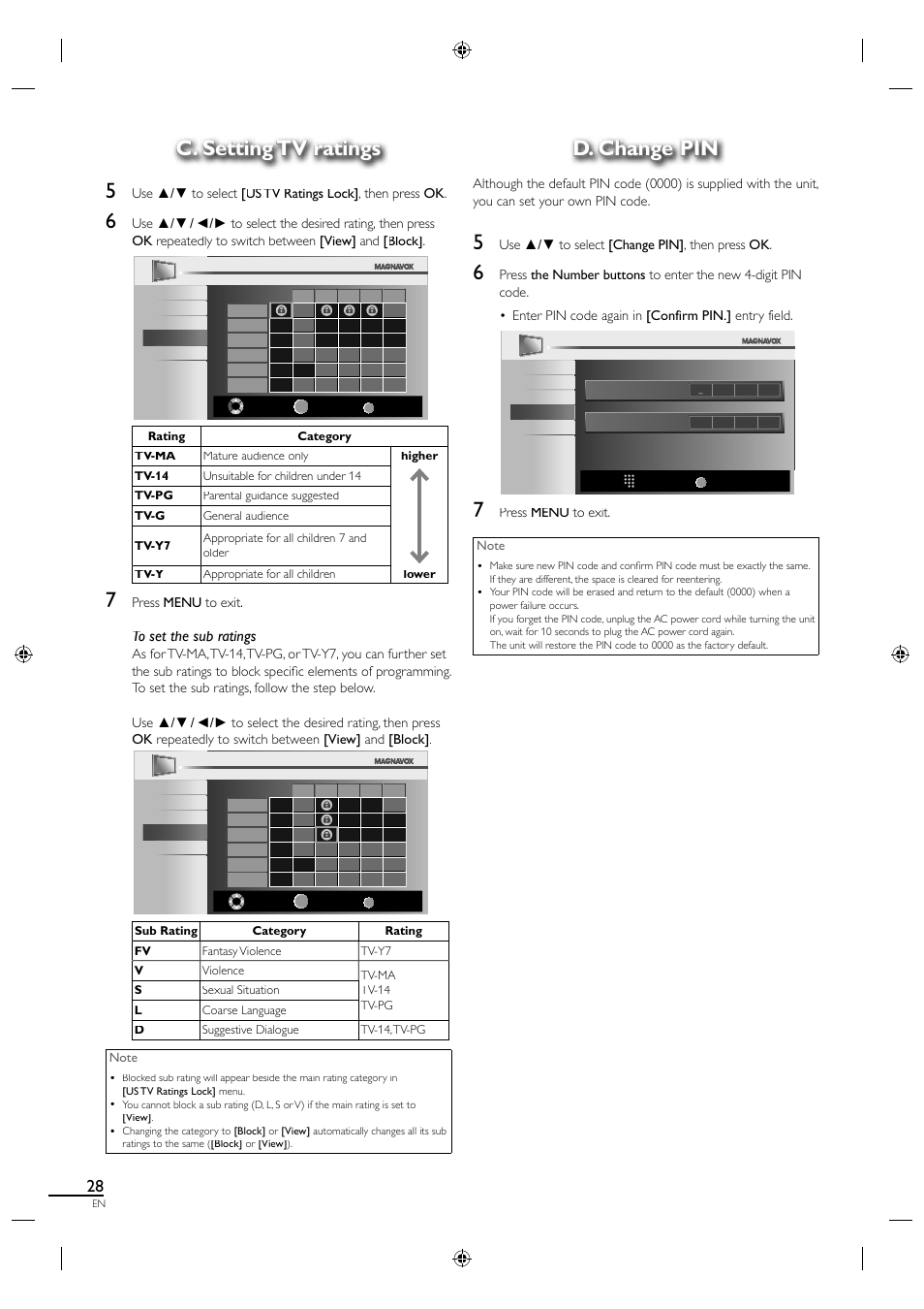 C. setting tv ratings, C. setting tv ratings 5, D. change pin | Philips Magnavox 19MF330B User Manual | Page 37 / 121