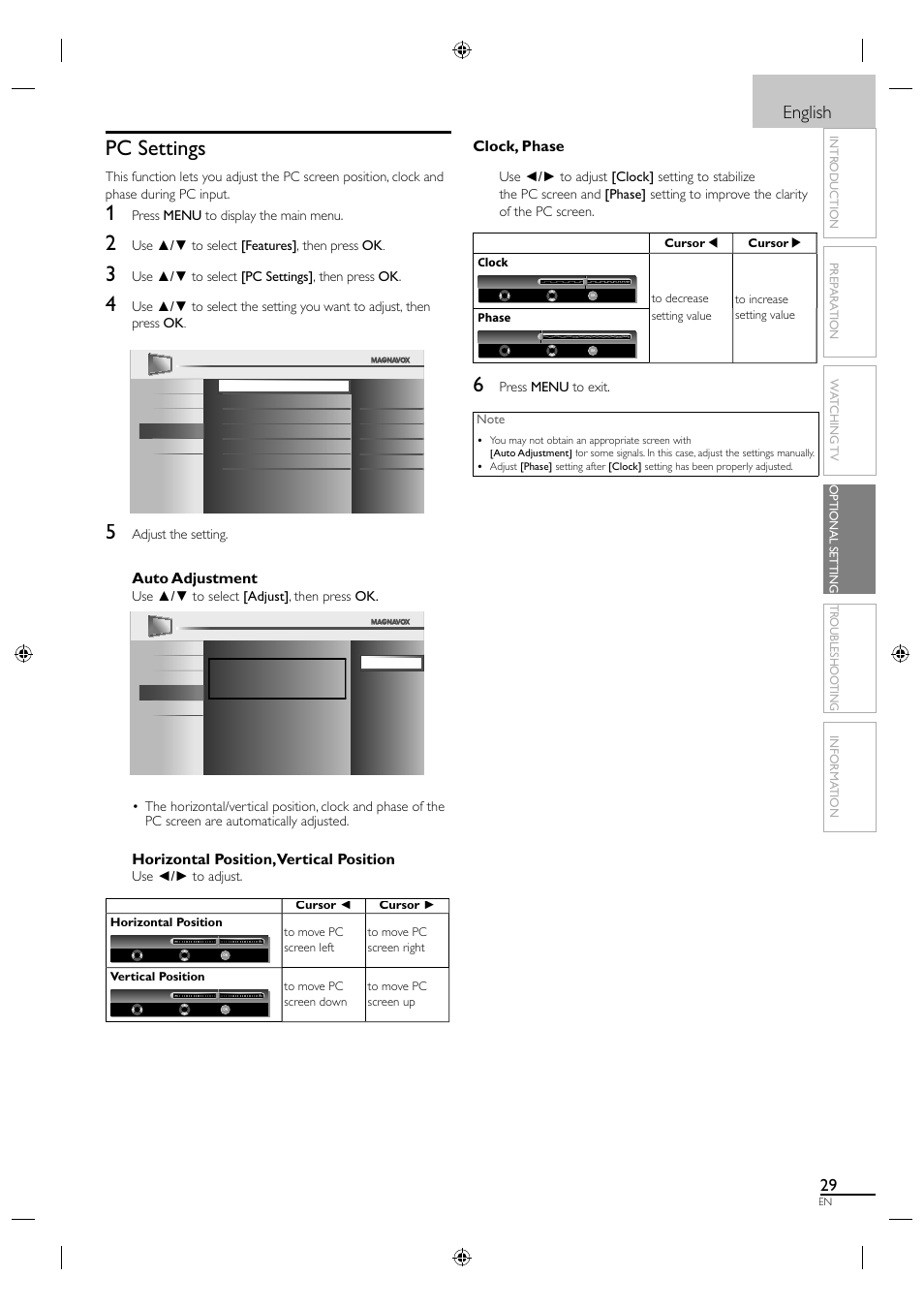 Pc settings, English, Auto adjustment | Horizontal position, vertical position, Clock, phase | Philips Magnavox 19MF330B User Manual | Page 38 / 121