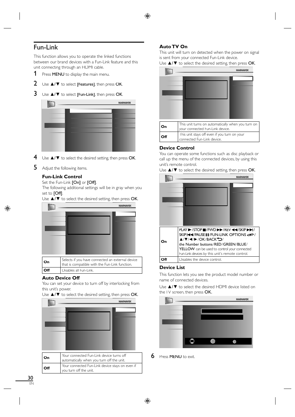 Fun-link, Fun-link control, Auto device off | Auto tv on, Device control, Device list | Philips Magnavox 19MF330B User Manual | Page 39 / 121