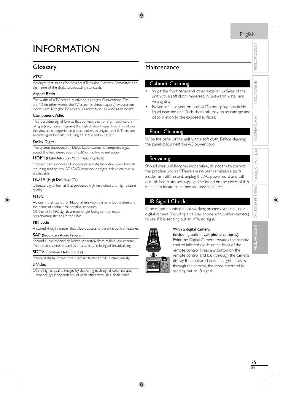 Information, Maintenance, Glossary | English, Cabinet cleaning, Panel cleaning, Servicing, Ir signal check | Philips Magnavox 19MF330B User Manual | Page 44 / 121