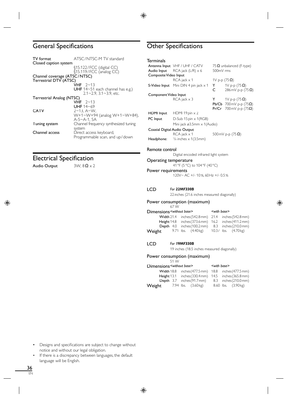 General specifi cations, Electrical specifi cation, Other specifi cations | Philips Magnavox 19MF330B User Manual | Page 45 / 121