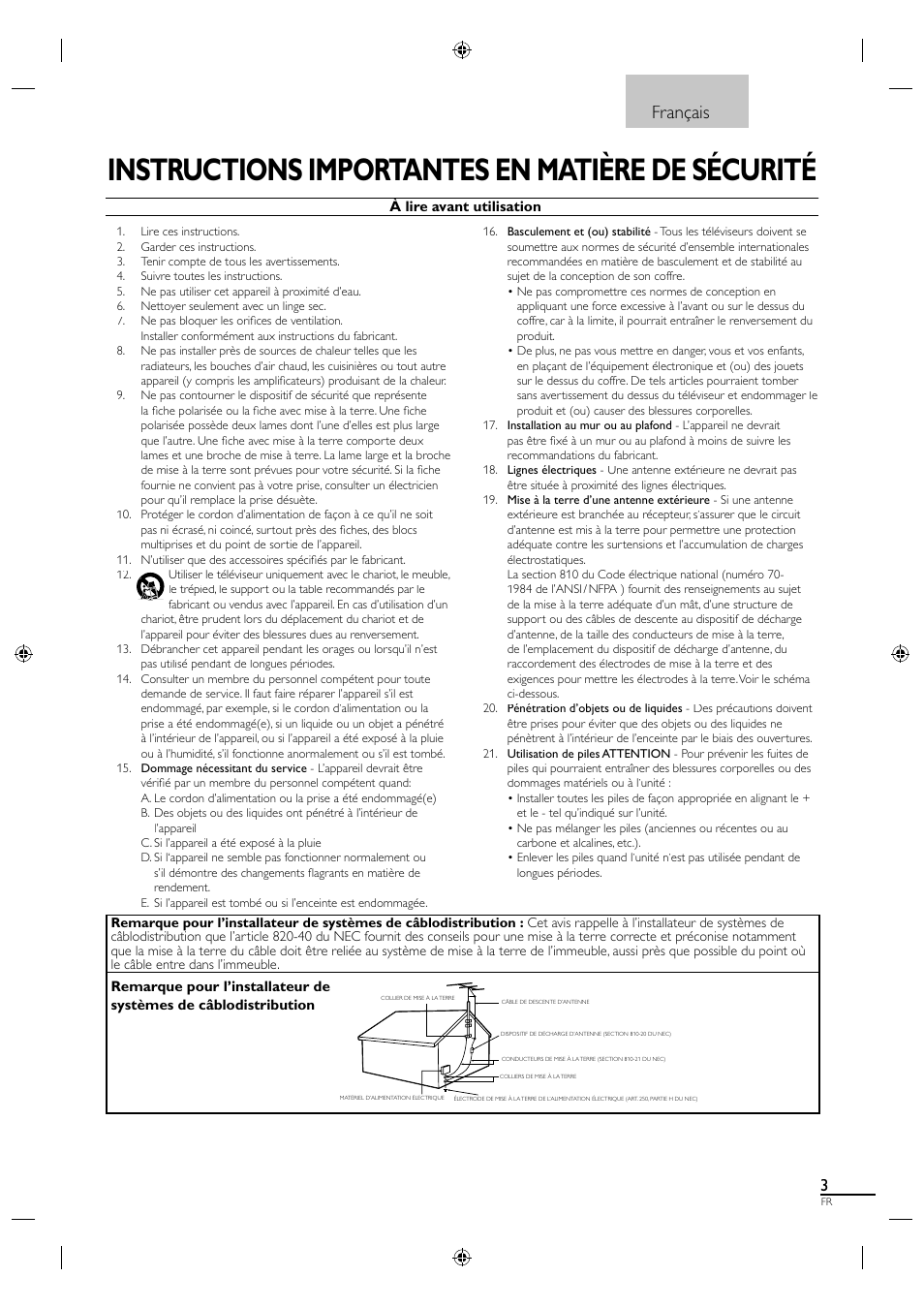 Instructions importantes en matière de sécurité, Français | Philips Magnavox 19MF330B User Manual | Page 49 / 121