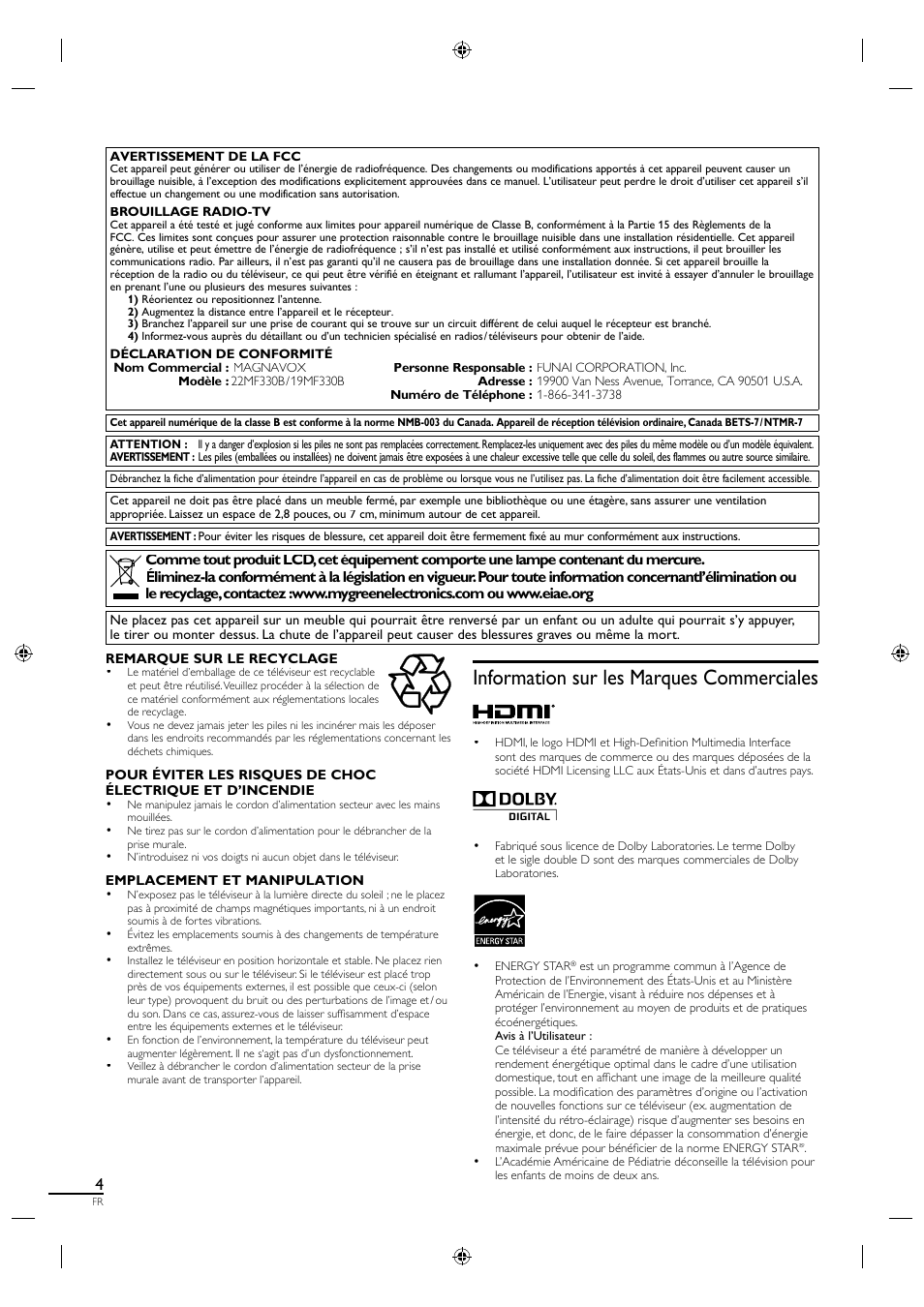 Information sur les marques commerciales | Philips Magnavox 19MF330B User Manual | Page 50 / 121