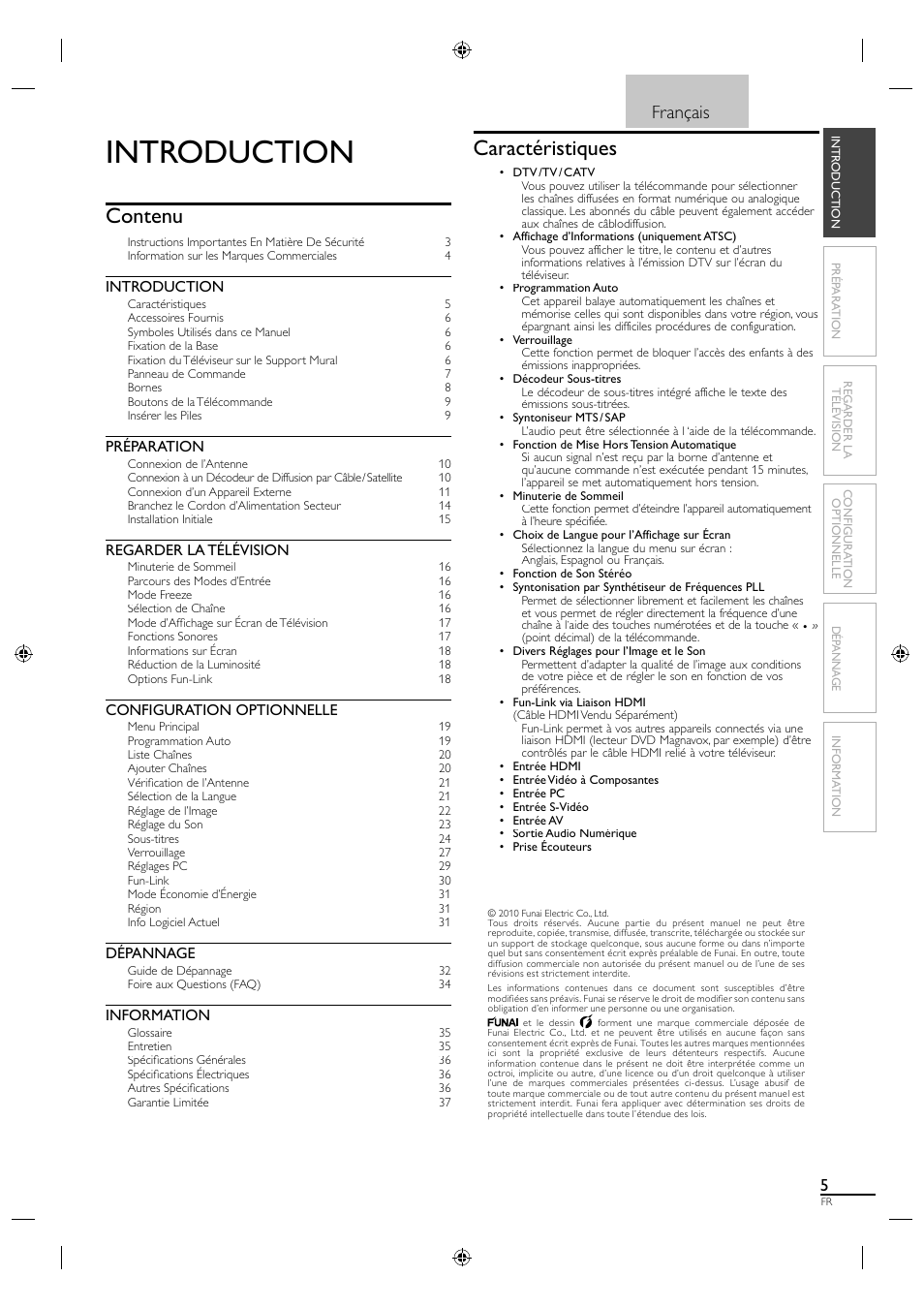 Introduction, Contenu, Caractéristiques | Français, Préparation, Regarder la télévision, Configuration optionnelle, Dépannage, Information | Philips Magnavox 19MF330B User Manual | Page 51 / 121