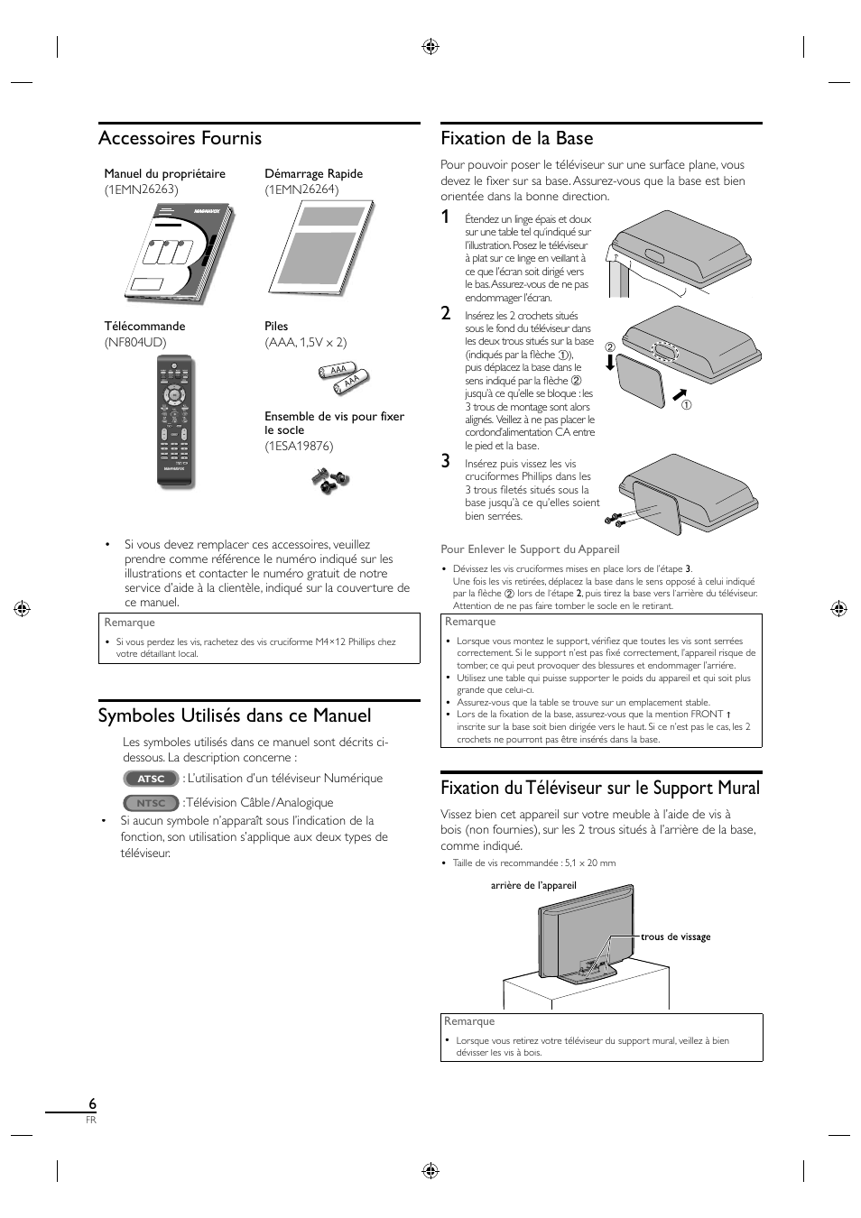 Fixation de la base, Fixation du téléviseur sur le support mural, Accessoires fournis | Symboles utilisés dans ce manuel | Philips Magnavox 19MF330B User Manual | Page 52 / 121