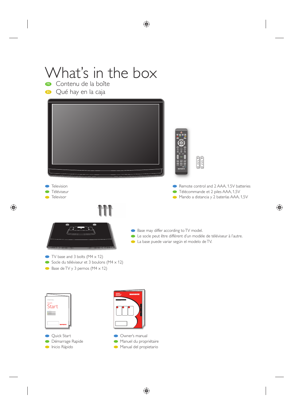 What’s in the box, Contenu de la boîte, Qué hay en la caja | Philips Magnavox 19MF330B User Manual | Page 6 / 121