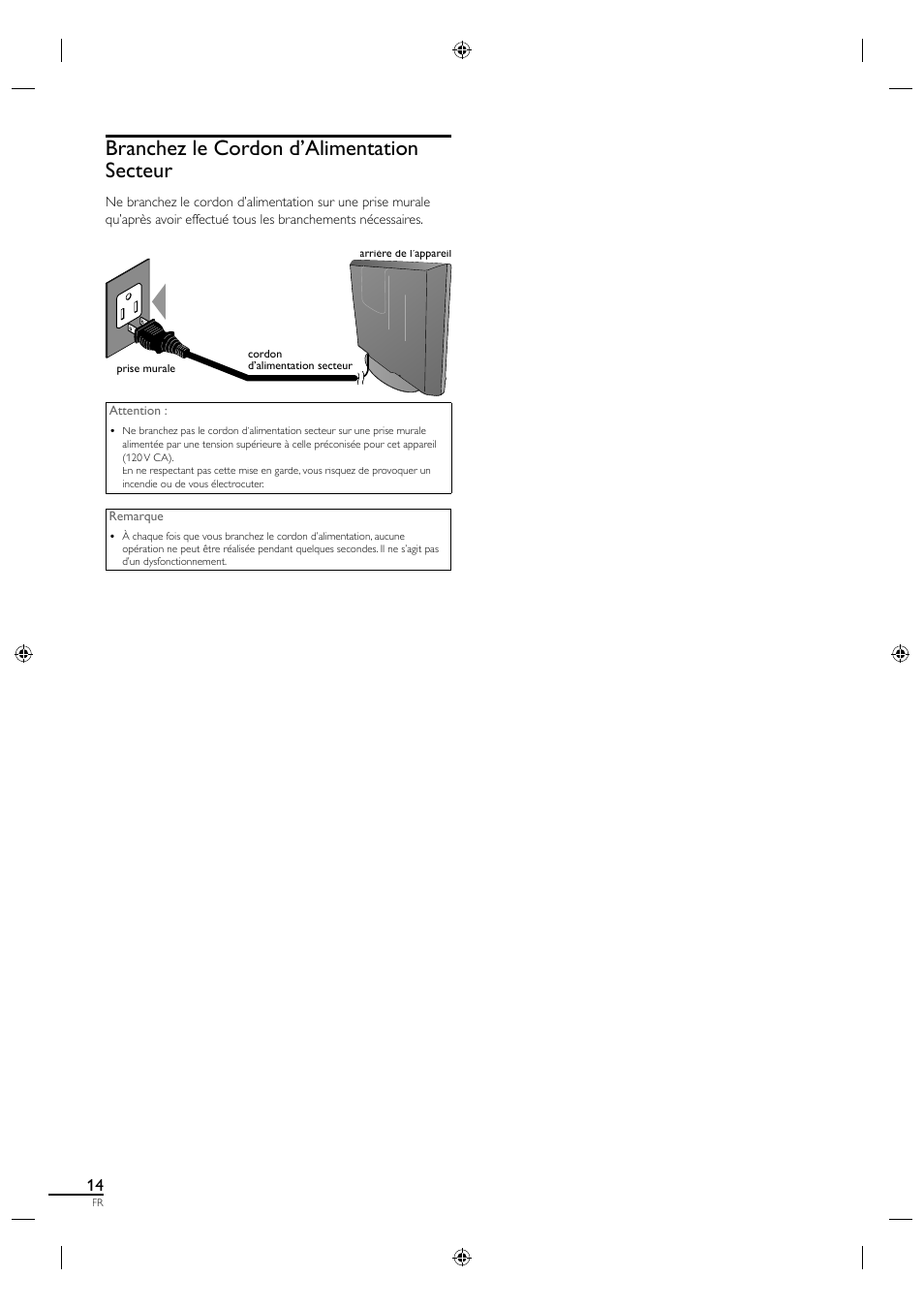 Branchez le cordon d’alimentation secteur | Philips Magnavox 19MF330B User Manual | Page 60 / 121