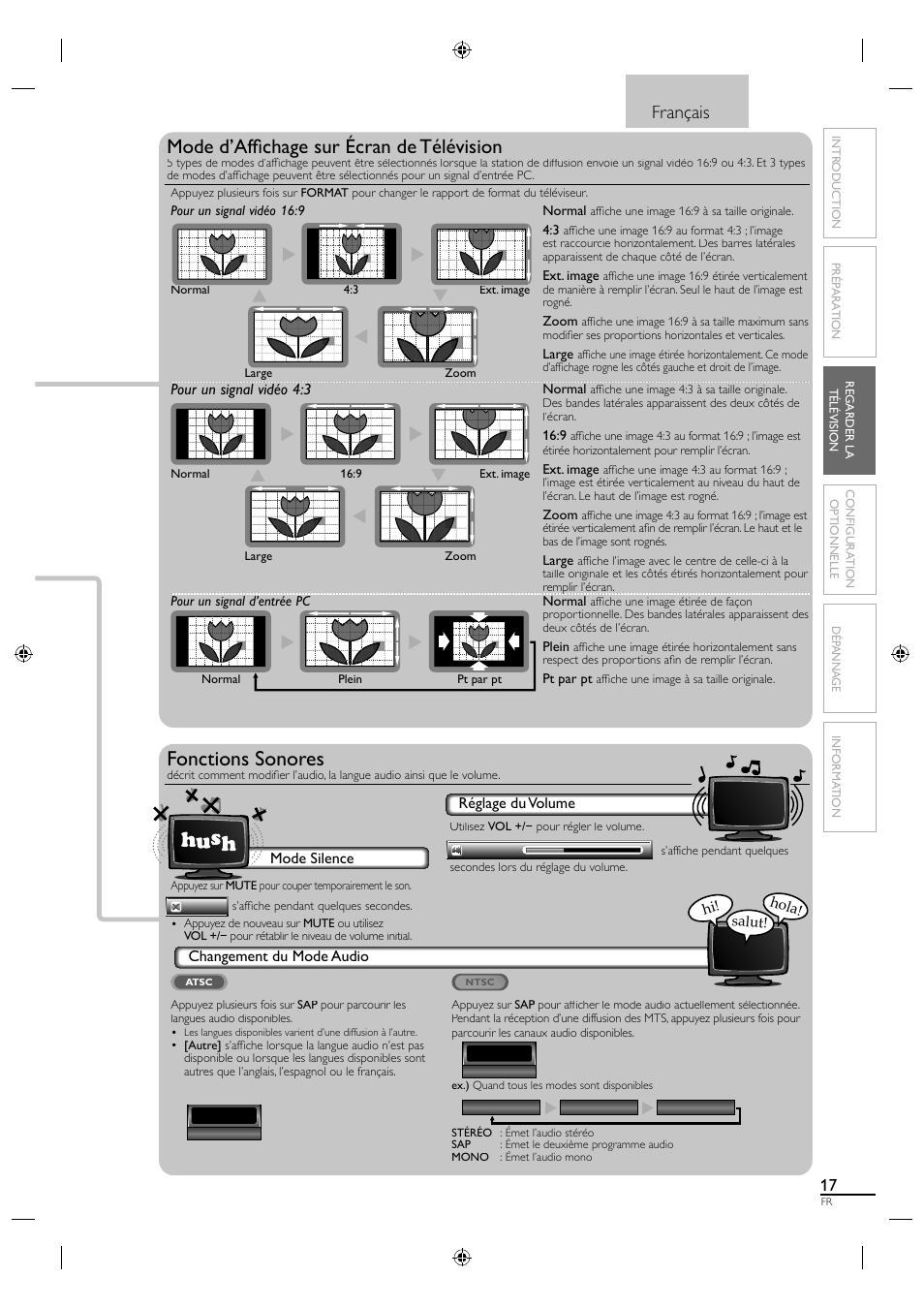 Fonctions sonores, Mode d’affi chage sur écran de télévision, Français | Philips Magnavox 19MF330B User Manual | Page 63 / 121