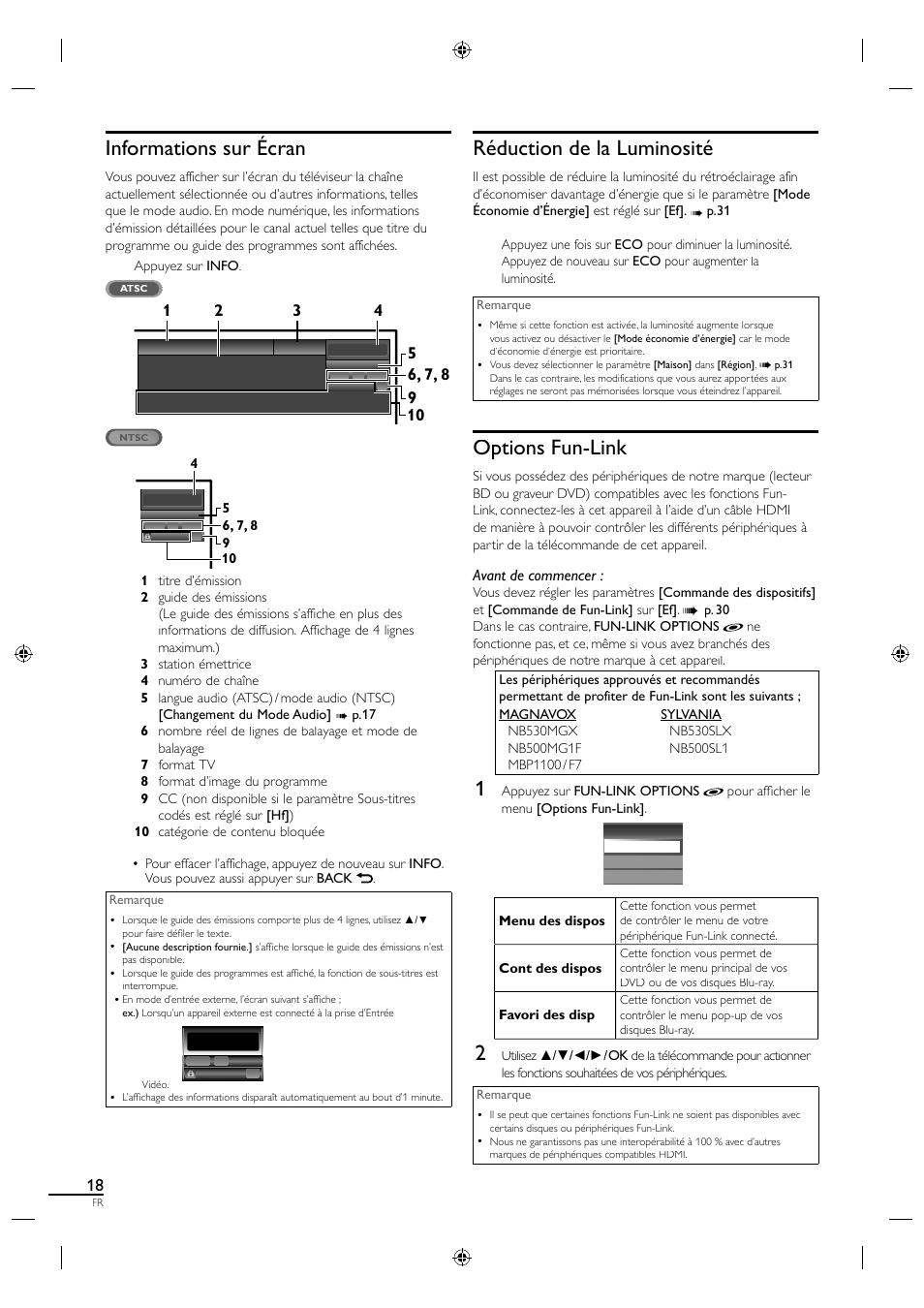 Informations sur écran, Réduction de la luminosité, Options fun-link | Avant de commencer | Philips Magnavox 19MF330B User Manual | Page 64 / 121