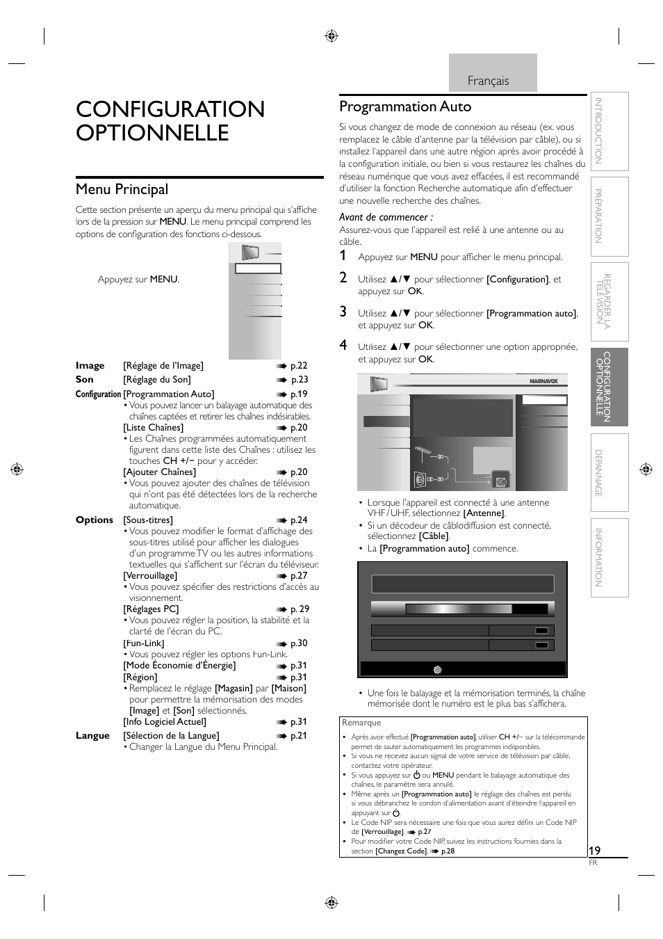 Configuration optionnelle, Menu principal, Programmation auto | Français | Philips Magnavox 19MF330B User Manual | Page 65 / 121