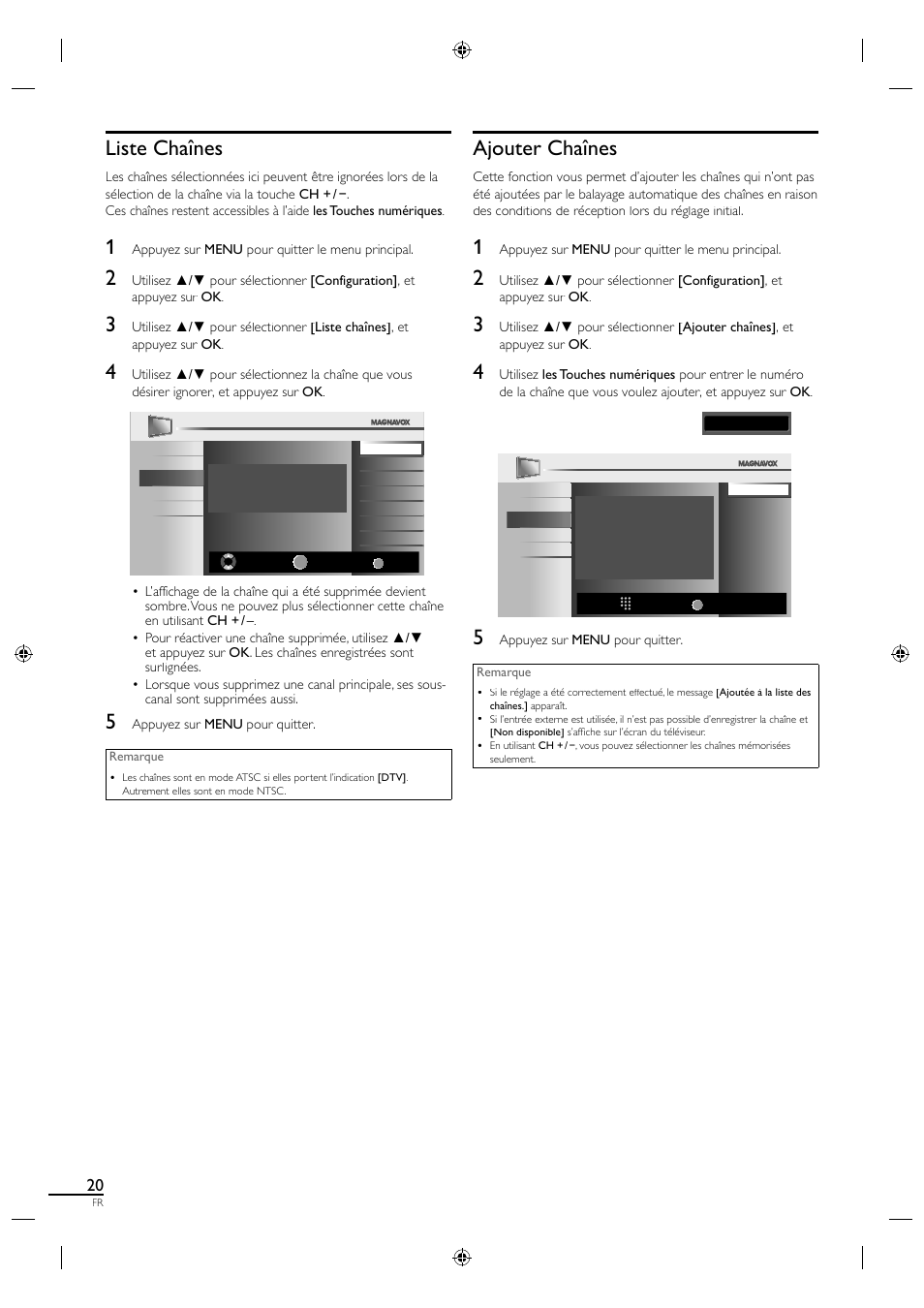 Liste chaînes, Ajouter chaînes | Philips Magnavox 19MF330B User Manual | Page 66 / 121