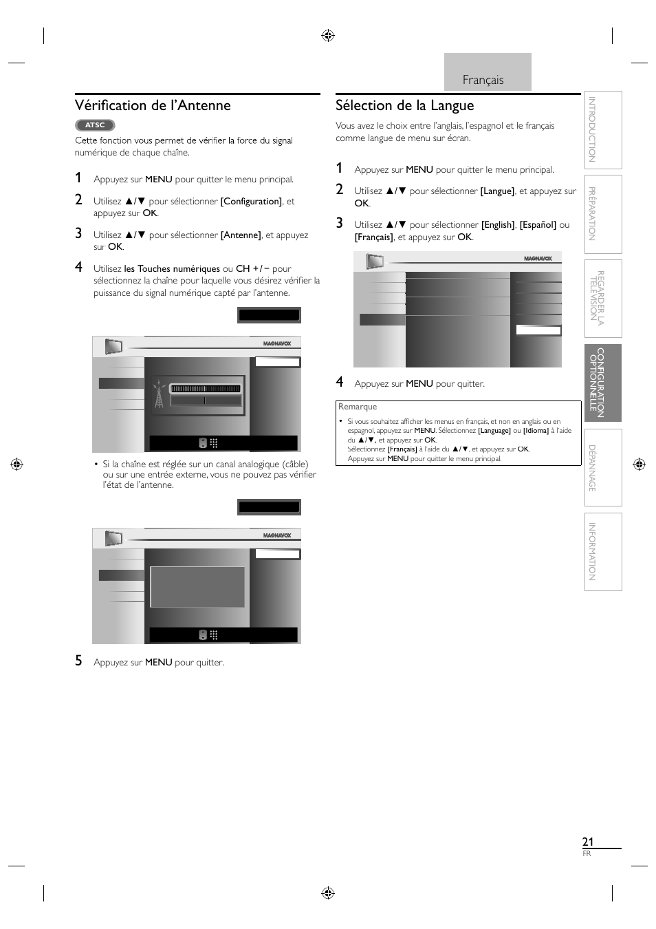 Vérifi cation de l’antenne, Sélection de la langue, Français | Video | Philips Magnavox 19MF330B User Manual | Page 67 / 121